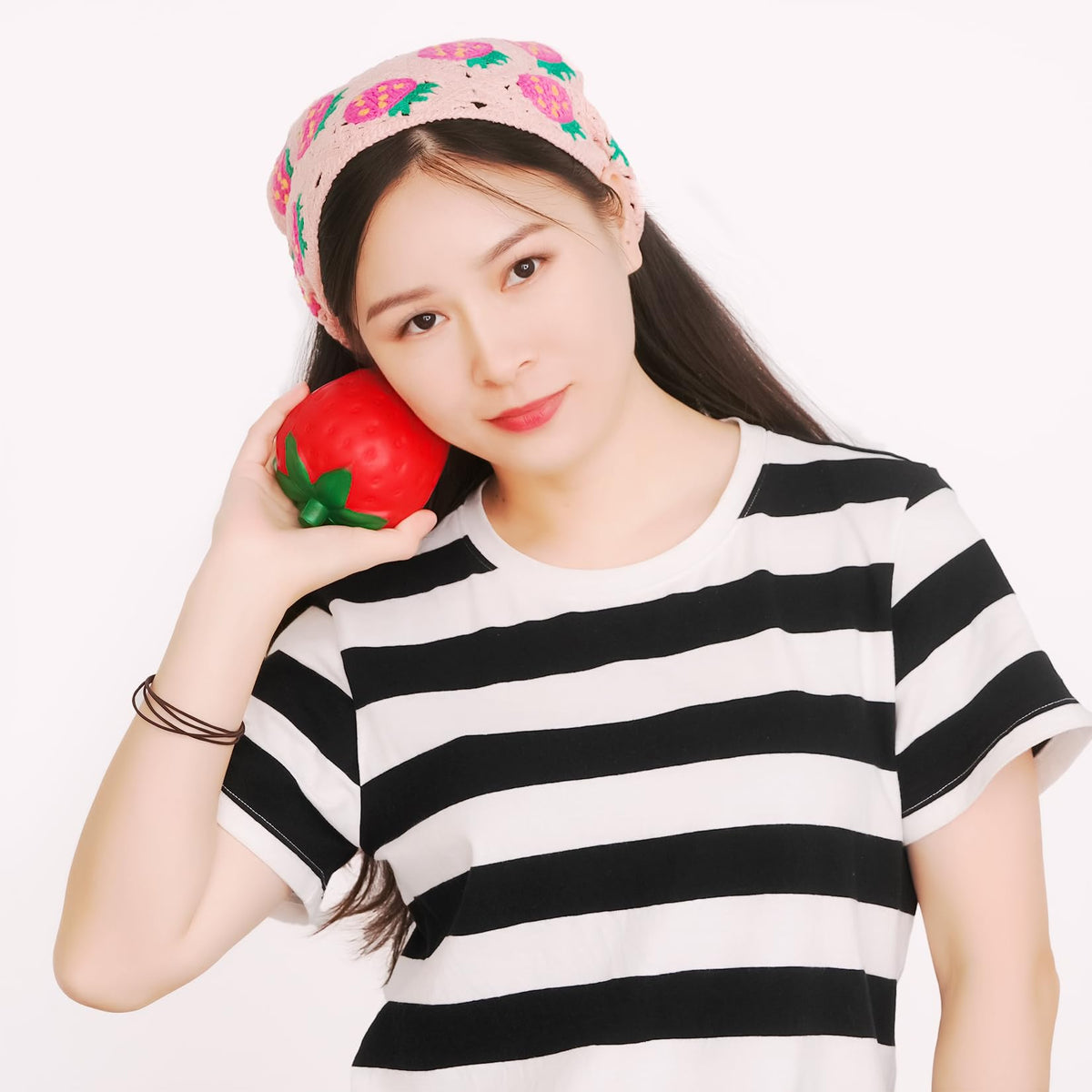 hoyuwak Pink Crochet Head Scarf Bandanas Headbands Hair Scarf for Women Girls Knitted Strawberry Head Coverings Hair Accessories for Hair Styling Decor