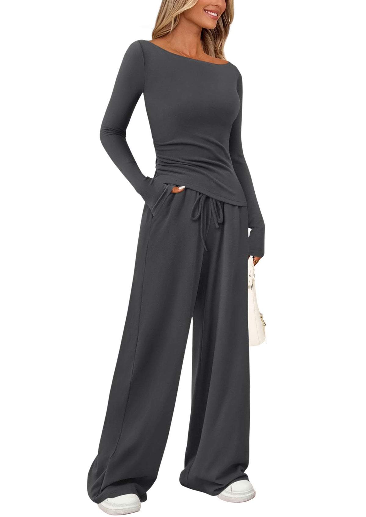 PRETTYGARDEN Women's 2 Piece Lounge Sets Asymmetrical Long Sleeve T Shirt Wide Leg Pants Casual Outfits Tracksuit