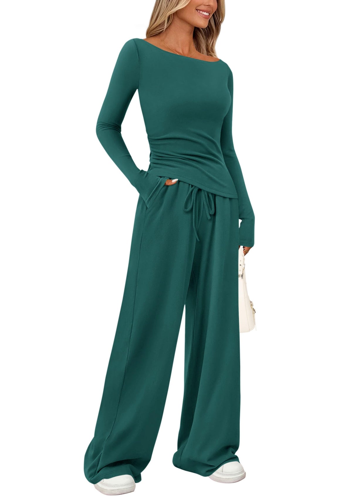 PRETTYGARDEN Women's 2 Piece Lounge Sets Asymmetrical Long Sleeve T Shirt Wide Leg Pants Casual Outfits Tracksuit