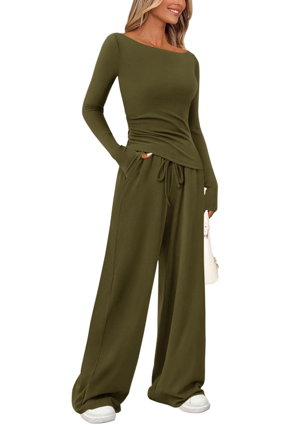 PRETTYGARDEN Women's 2 Piece Lounge Sets Asymmetrical Long Sleeve T Shirt Wide Leg Pants Casual Outfits Tracksuit