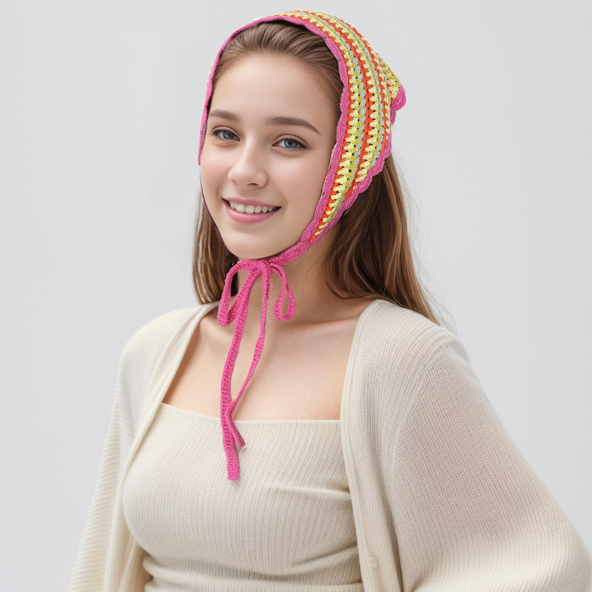 hoyuwak Pink Crochet Head Scarf Bandanas Headbands Hair Scarf for Women Girls Knitted Strawberry Head Coverings Hair Accessories for Hair Styling Decor