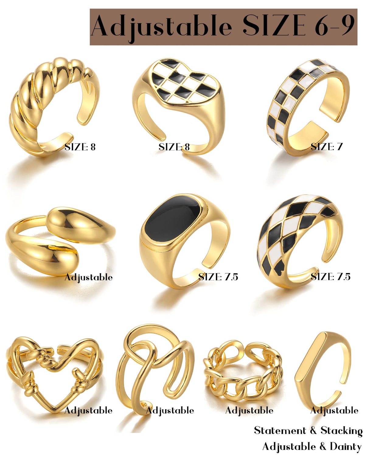 FAXHION 12PCS Gold Stackable Rings Set for Women, 18K Gold Plated Open Stacking Knuckle Ring, Adjustable Chunky Signet Rings for Gift