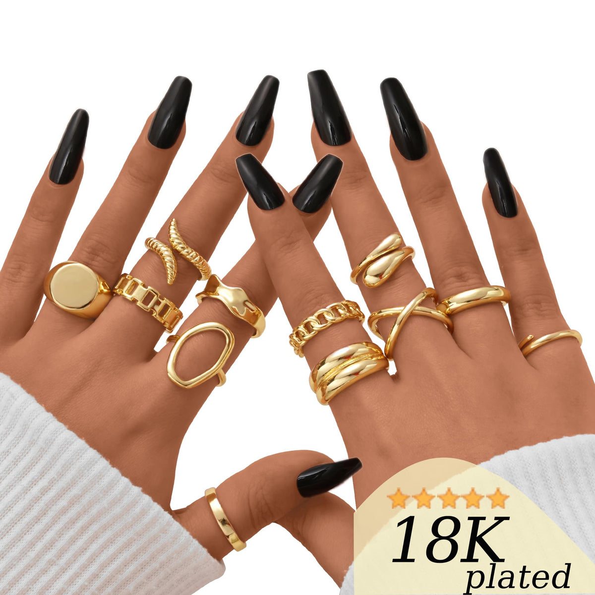 FAXHION 12PCS Gold Stackable Rings Set for Women, 18K Gold Plated Open Stacking Knuckle Ring, Adjustable Chunky Signet Rings for Gift