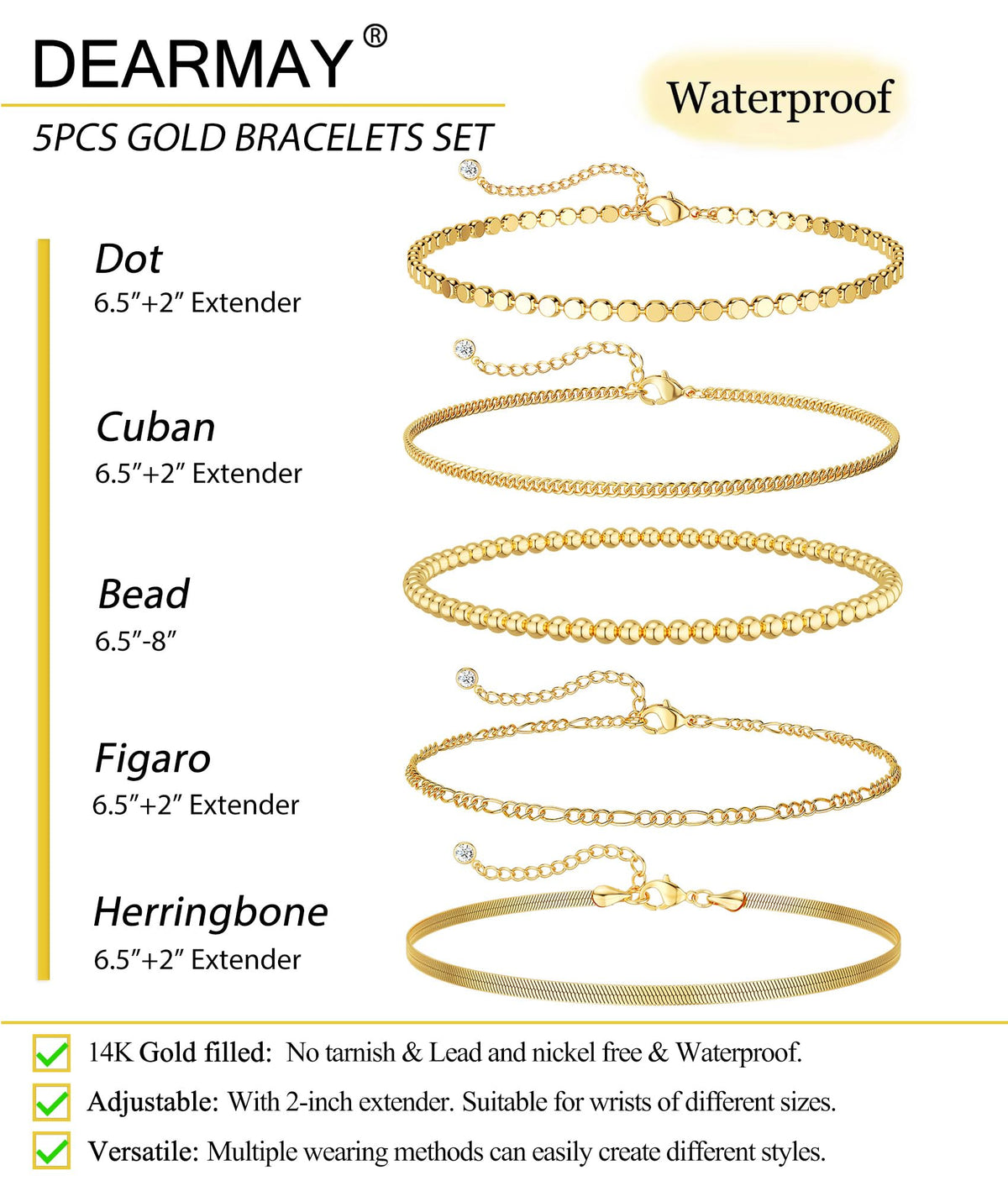 DEARMAY Gold Bracelets for Women Waterproof, 14K Real Gold Jewelry Sets for Women Trendy Thin Dainty Stackable Cuban Link Paperclip Chain Bracelet Pack Fashion Accessories Gifts for Womens