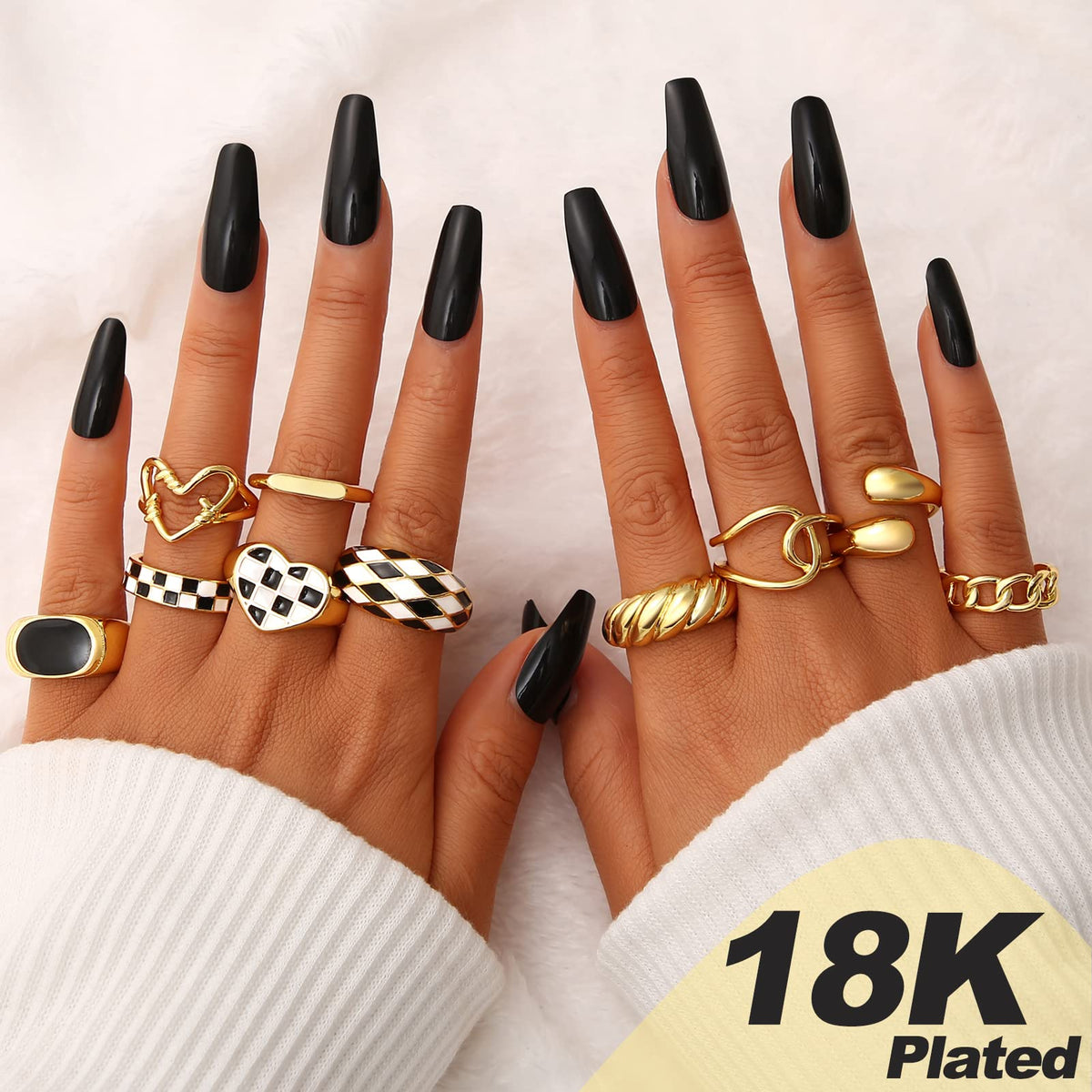 FAXHION 12PCS Gold Stackable Rings Set for Women, 18K Gold Plated Open Stacking Knuckle Ring, Adjustable Chunky Signet Rings for Gift