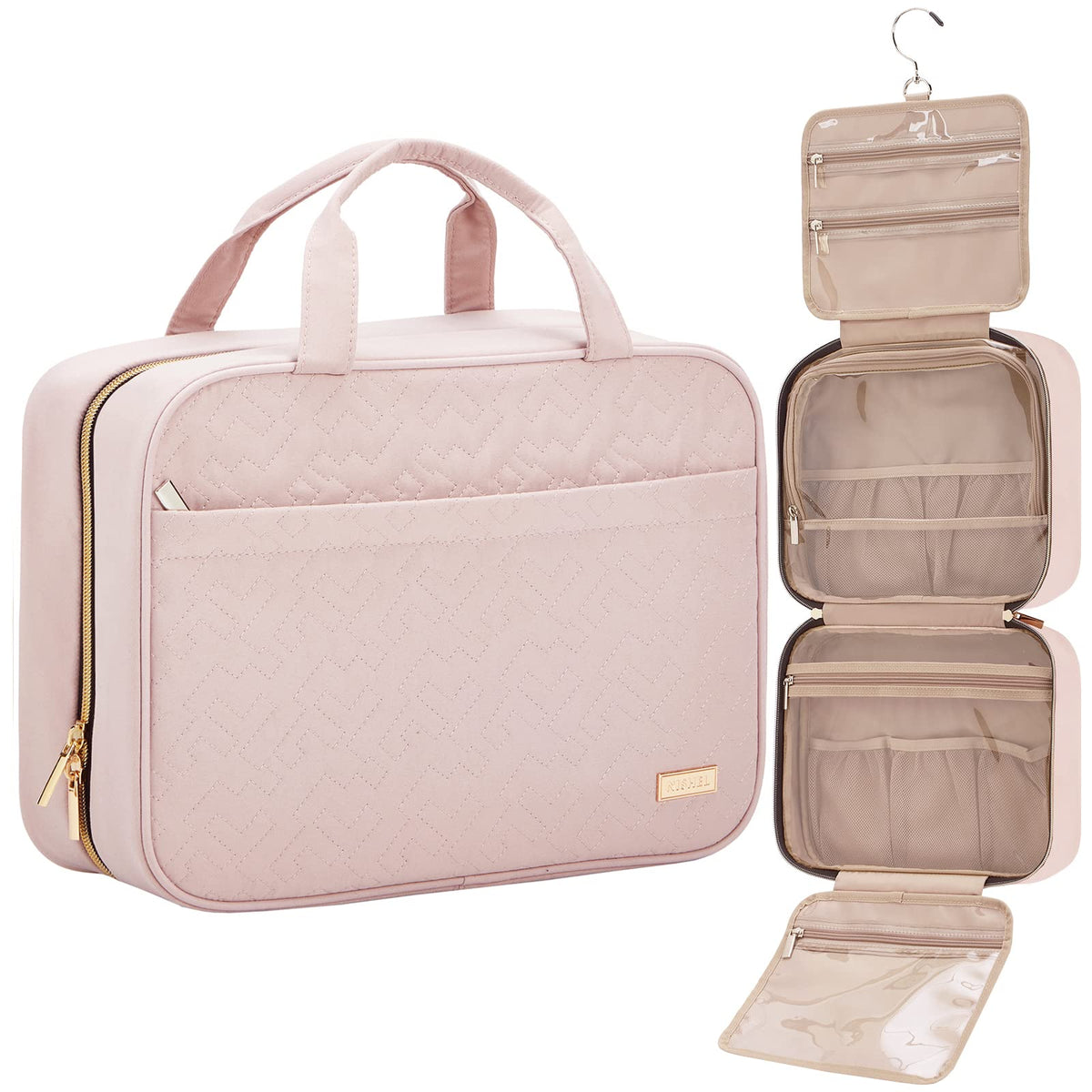 NISHEL Travel Toiletry Bag for women, Portable Hanging Organizer for Travel-Sized Shampoo, Conditioner, Brushes Set, makeup Accessories, Medium Size, Pink