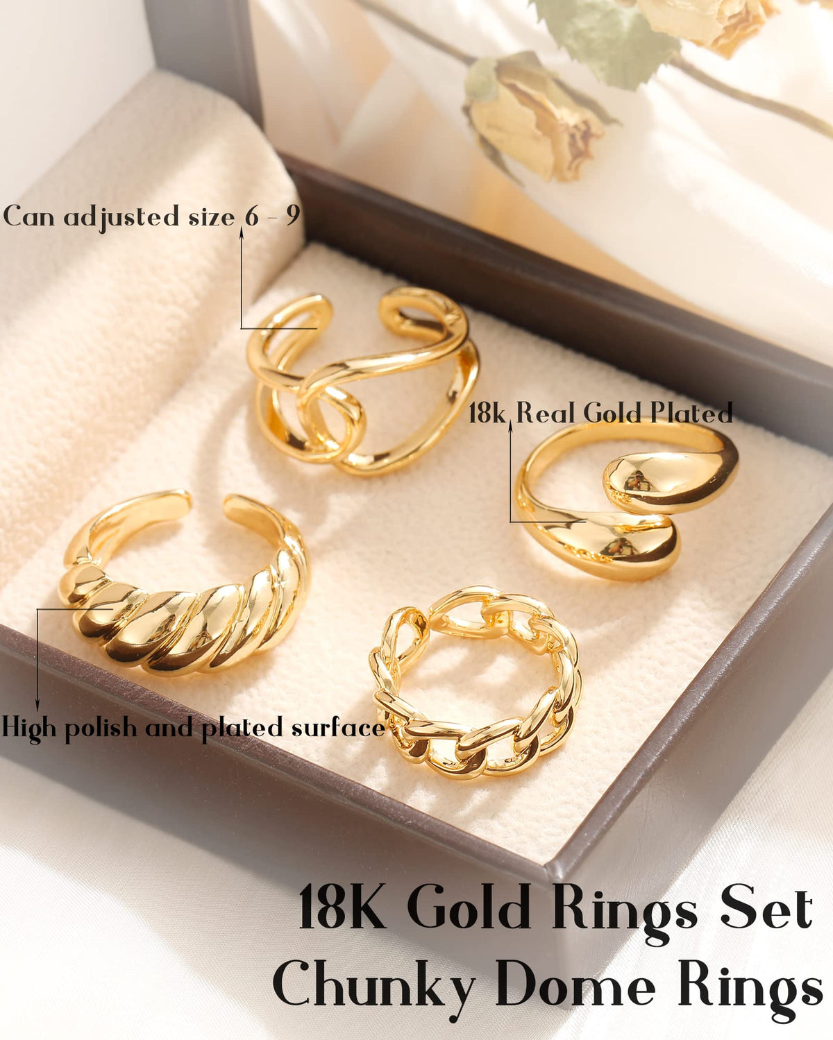 FAXHION 12PCS Gold Stackable Rings Set for Women, 18K Gold Plated Open Stacking Knuckle Ring, Adjustable Chunky Signet Rings for Gift