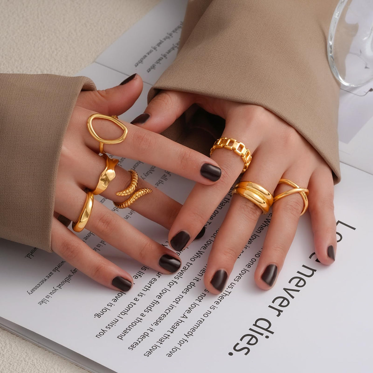 FAXHION 12PCS Gold Stackable Rings Set for Women, 18K Gold Plated Open Stacking Knuckle Ring, Adjustable Chunky Signet Rings for Gift