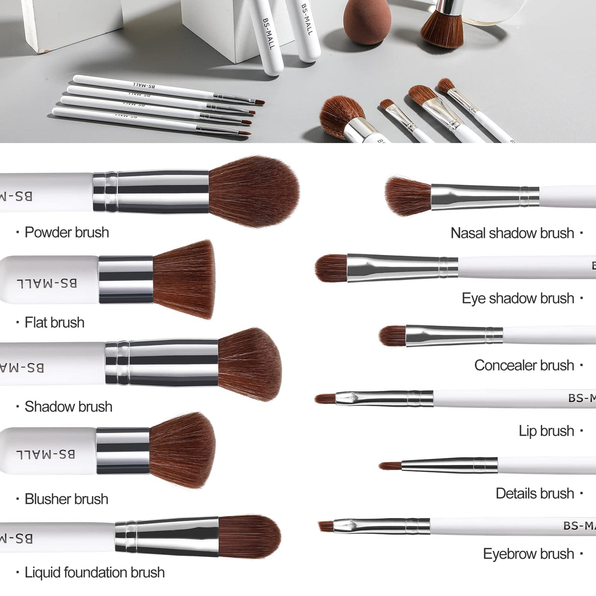 BS-MALL Makeup Brush Set 11Pcs Bamboo Synthetic Kabuki Brush Set Foundation Powder Blending Concealer Eye shadows Blush Cosmetics Brushes with Organizer Bag & Makeup Sponge