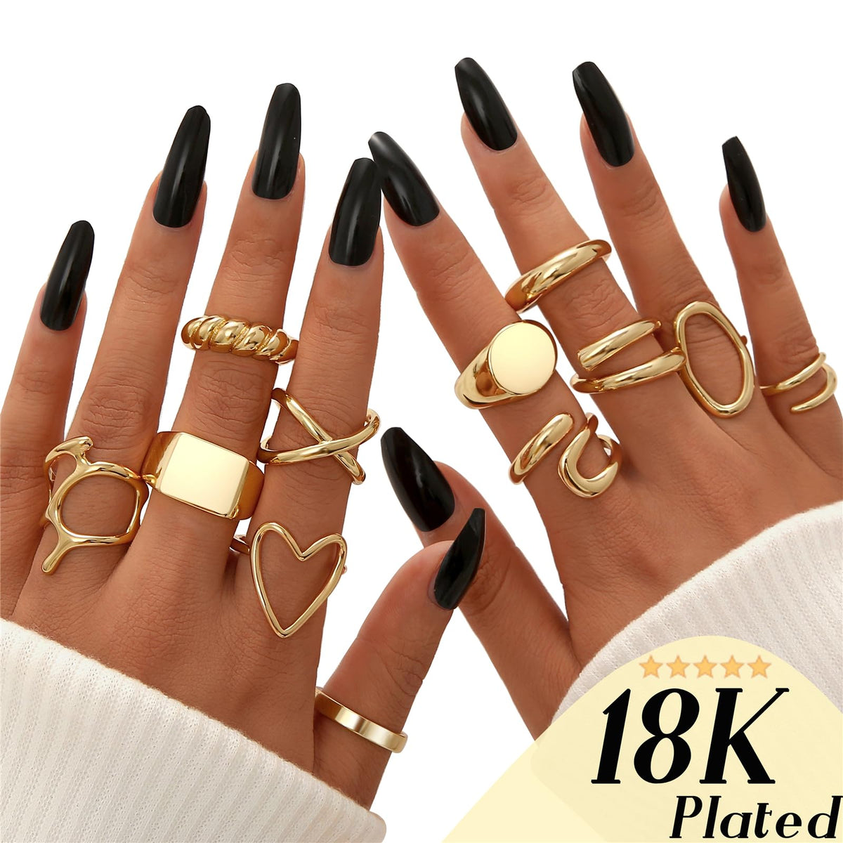 FAXHION 12PCS Gold Stackable Rings Set for Women, 18K Gold Plated Open Stacking Knuckle Ring, Adjustable Chunky Signet Rings for Gift