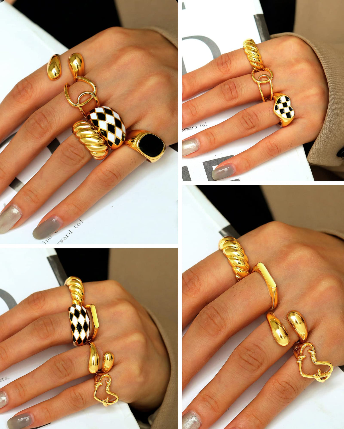 FAXHION 12PCS Gold Stackable Rings Set for Women, 18K Gold Plated Open Stacking Knuckle Ring, Adjustable Chunky Signet Rings for Gift