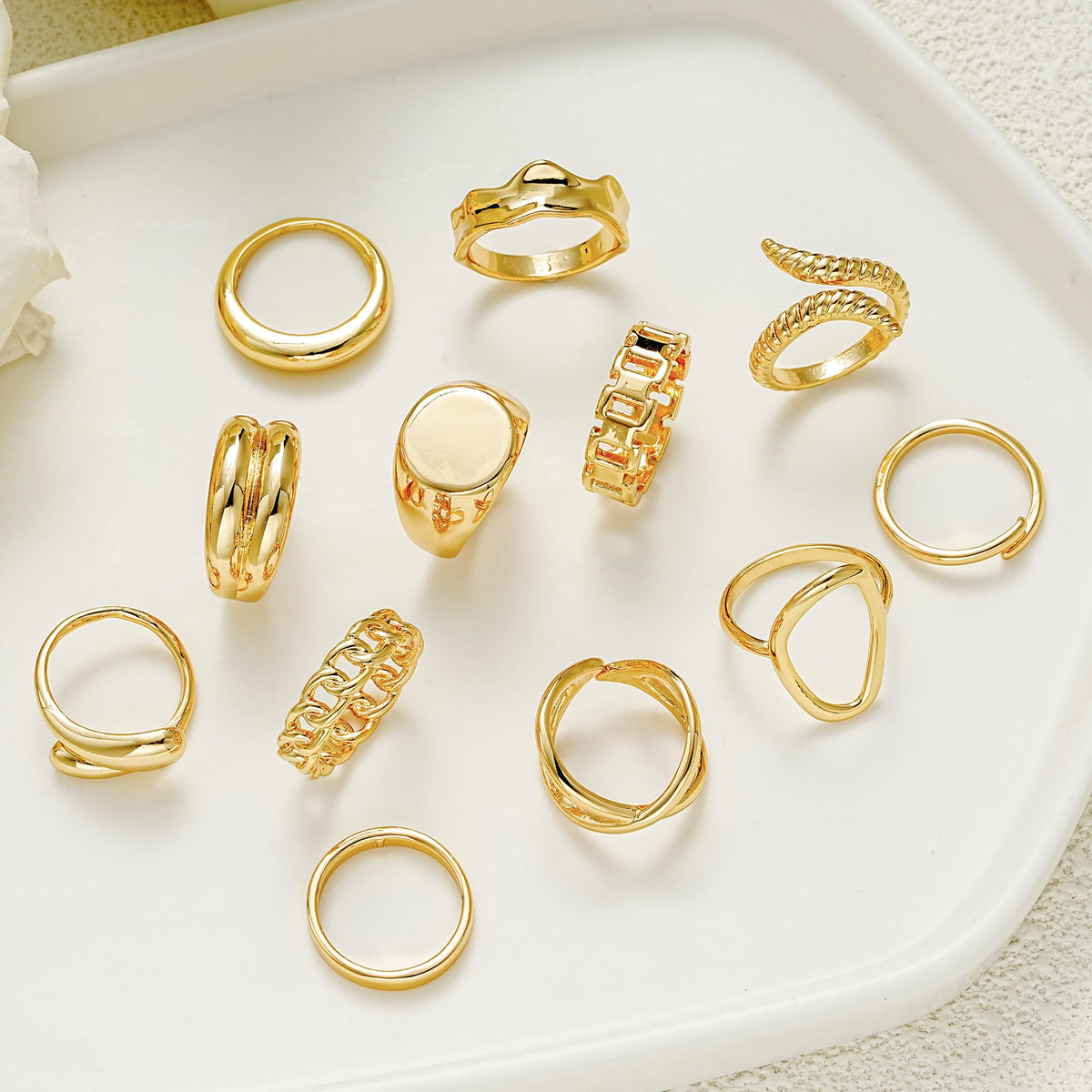 FAXHION 12PCS Gold Stackable Rings Set for Women, 18K Gold Plated Open Stacking Knuckle Ring, Adjustable Chunky Signet Rings for Gift
