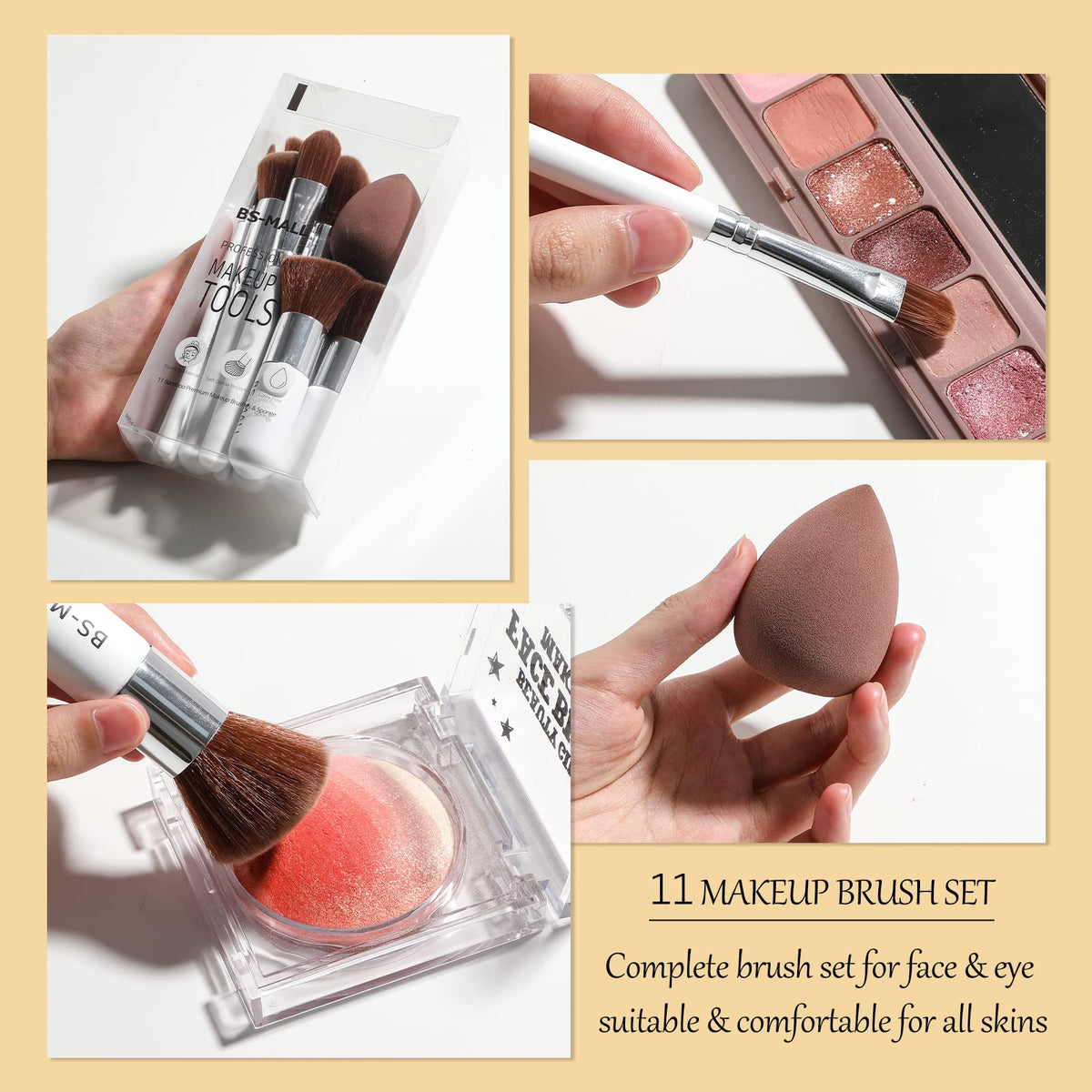 BS-MALL Makeup Brush Set 11Pcs Bamboo Synthetic Kabuki Brush Set Foundation Powder Blending Concealer Eye shadows Blush Cosmetics Brushes with Organizer Bag & Makeup Sponge