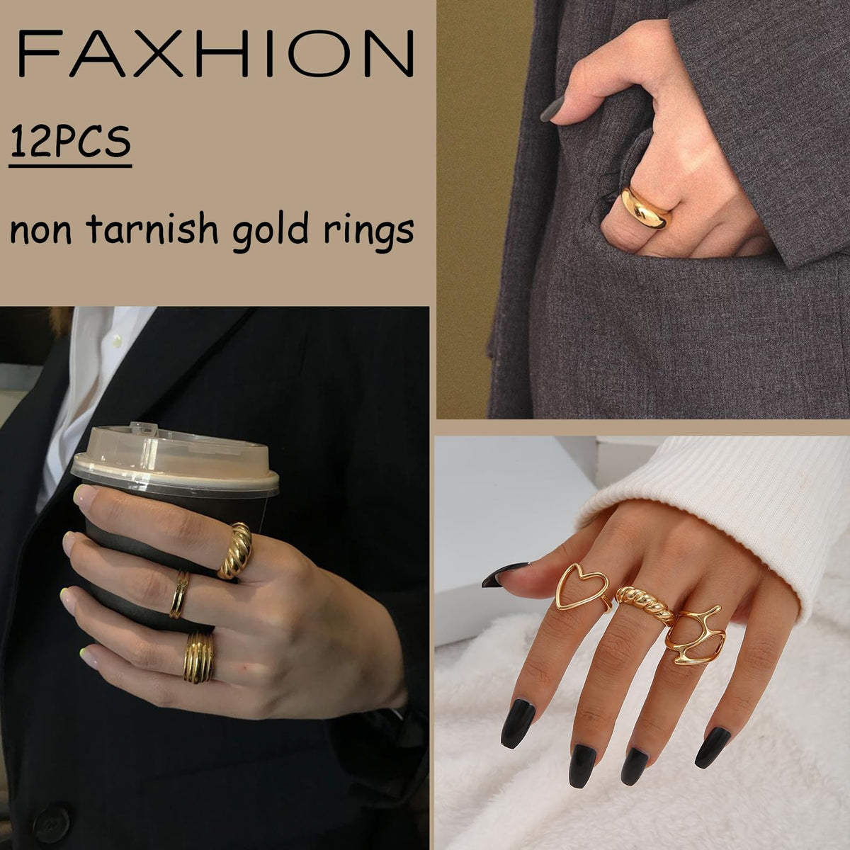 FAXHION 12PCS Gold Stackable Rings Set for Women, 18K Gold Plated Open Stacking Knuckle Ring, Adjustable Chunky Signet Rings for Gift