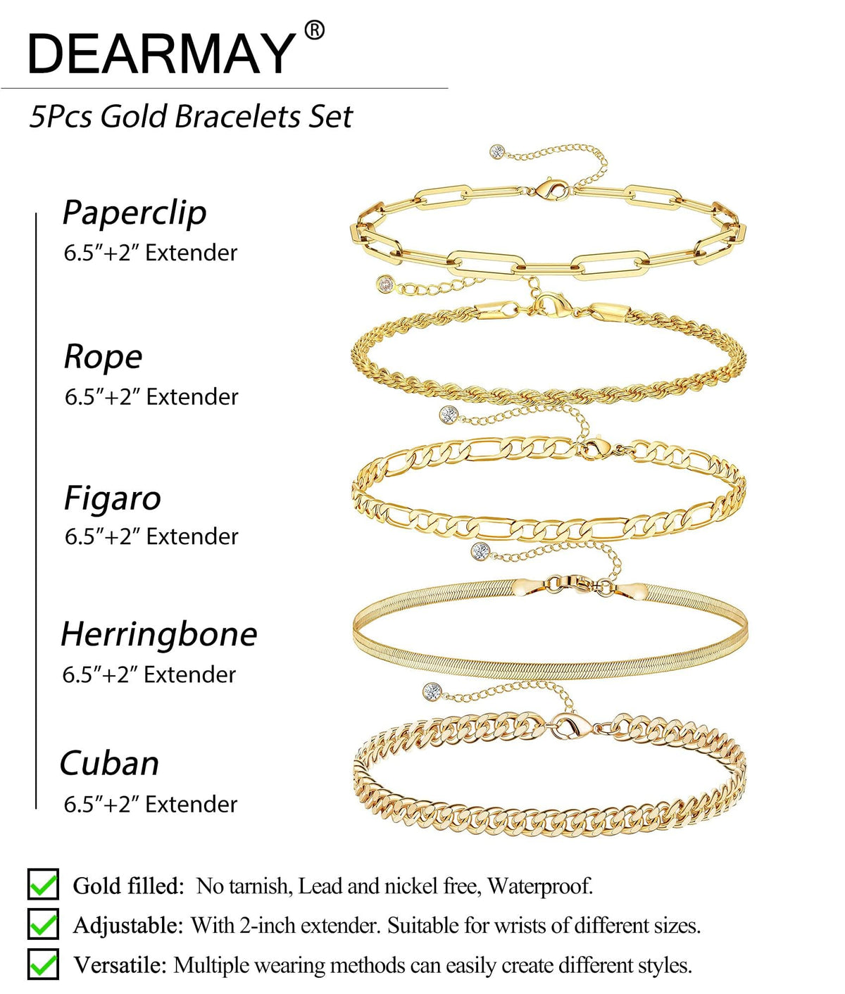 DEARMAY Gold Bracelets for Women Waterproof, 14K Real Gold Jewelry Sets for Women Trendy Thin Dainty Stackable Cuban Link Paperclip Chain Bracelet Pack Fashion Accessories Gifts for Womens