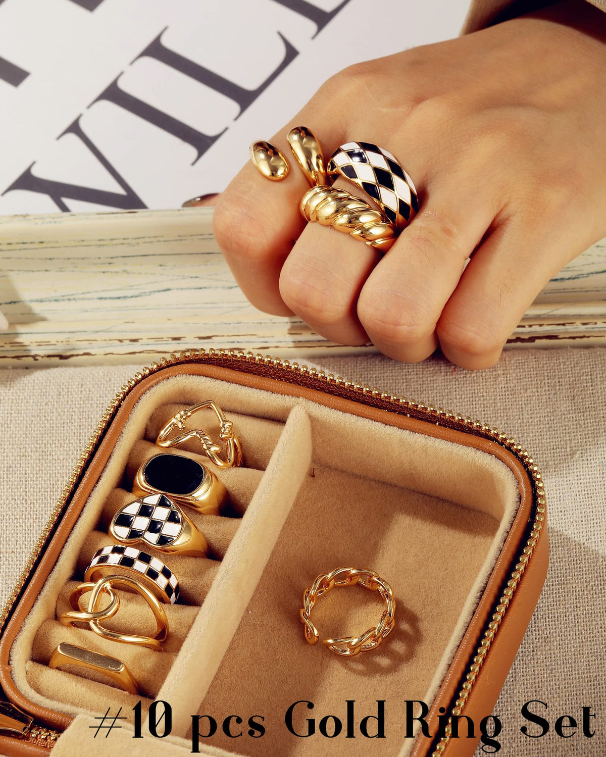 FAXHION 12PCS Gold Stackable Rings Set for Women, 18K Gold Plated Open Stacking Knuckle Ring, Adjustable Chunky Signet Rings for Gift