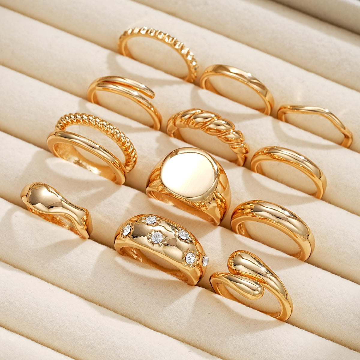 FAXHION 12PCS Gold Stackable Rings Set for Women, 18K Gold Plated Open Stacking Knuckle Ring, Adjustable Chunky Signet Rings for Gift