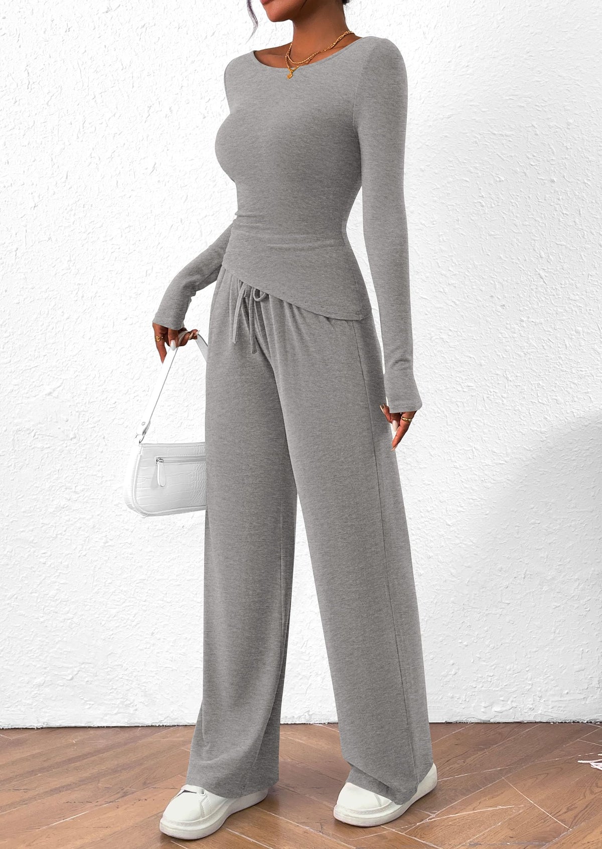 PRETTYGARDEN Women's 2 Piece Lounge Sets Asymmetrical Long Sleeve T Shirt Wide Leg Pants Casual Outfits Tracksuit