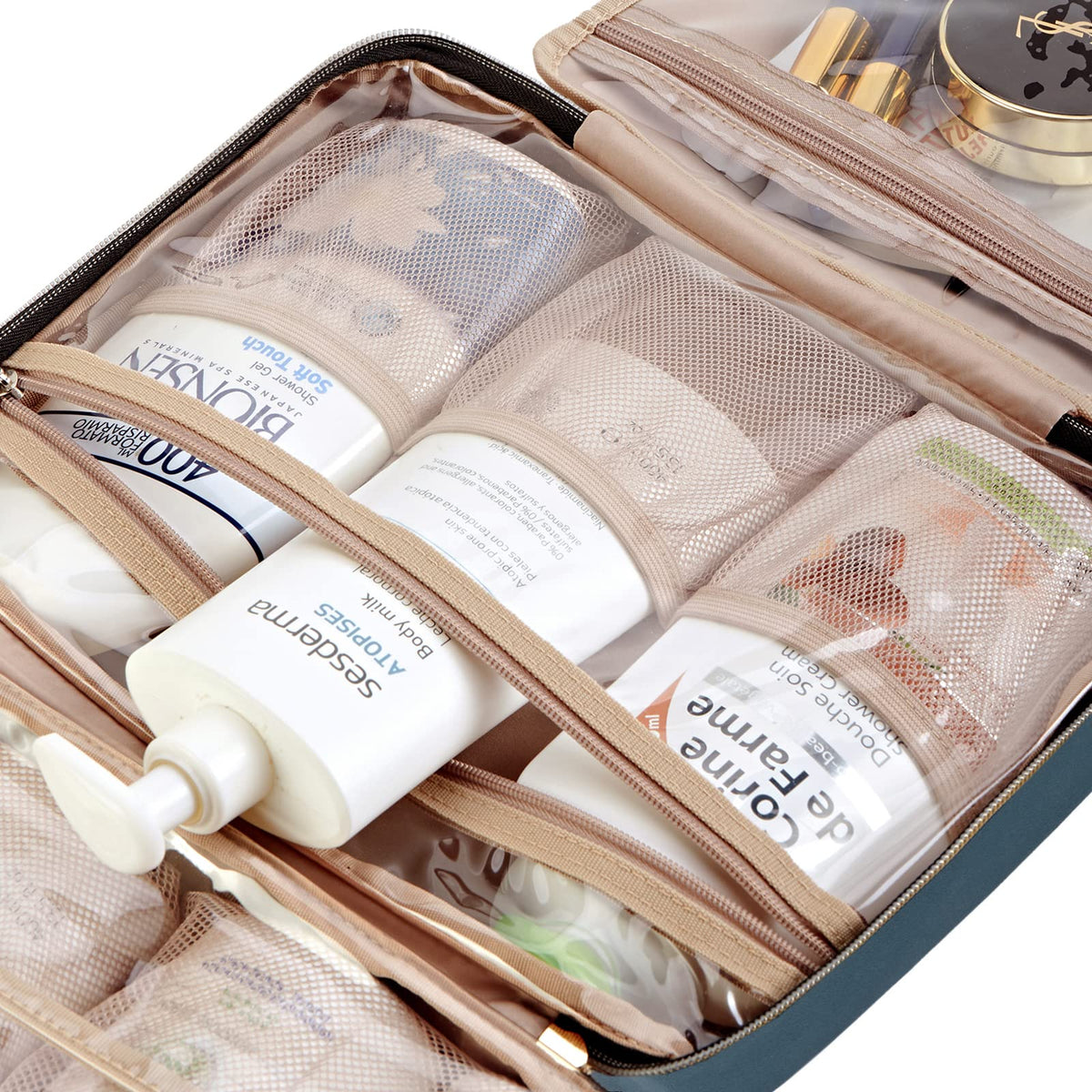 NISHEL Travel Toiletry Bag for women, Portable Hanging Organizer for Travel-Sized Shampoo, Conditioner, Brushes Set, makeup Accessories, Medium Size, Pink