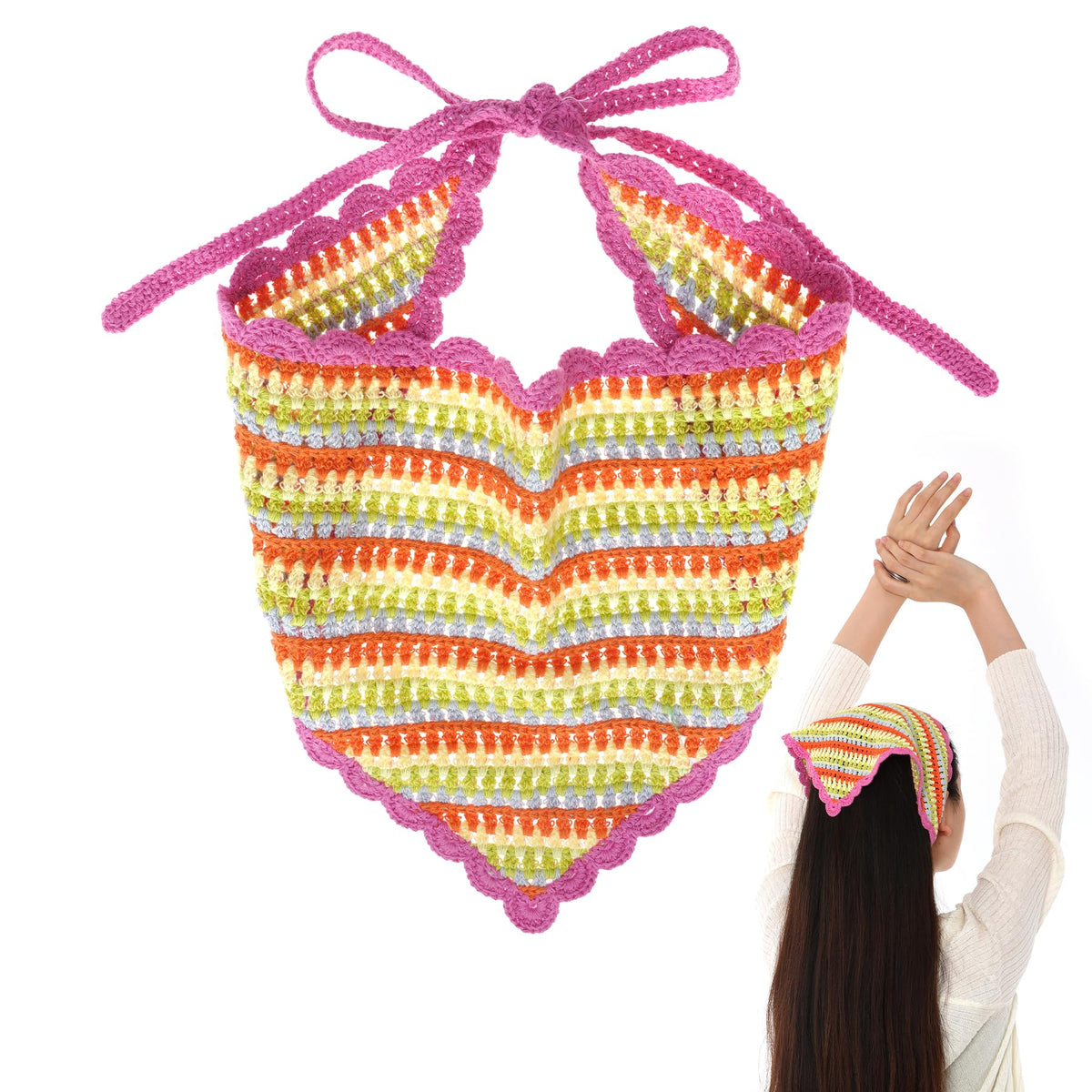 hoyuwak Pink Crochet Head Scarf Bandanas Headbands Hair Scarf for Women Girls Knitted Strawberry Head Coverings Hair Accessories for Hair Styling Decor