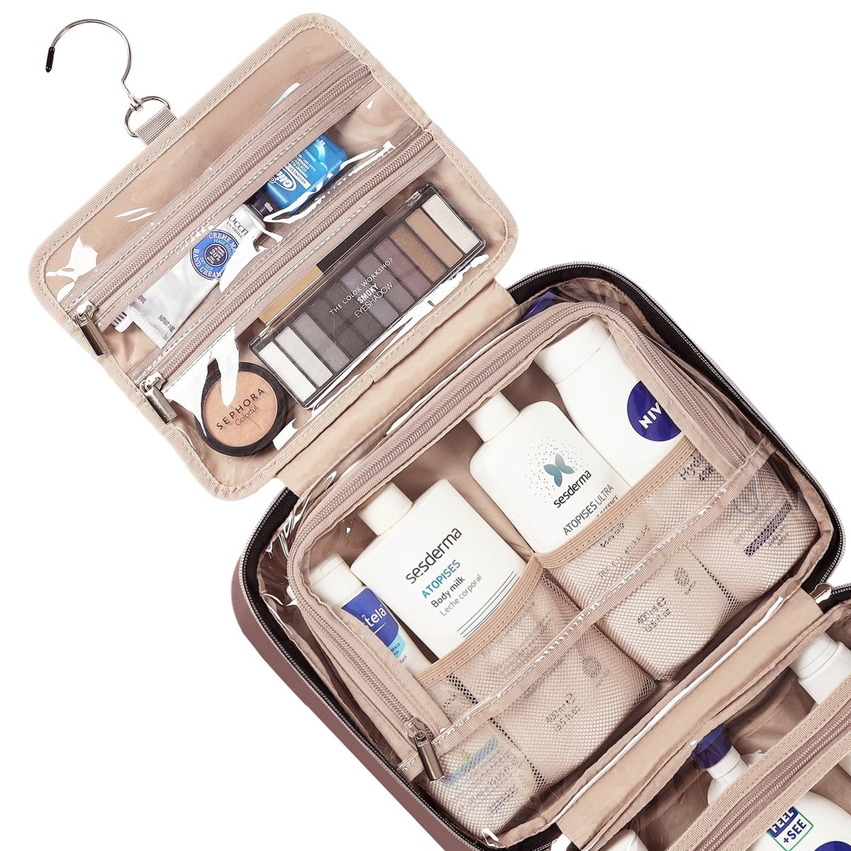 NISHEL Travel Toiletry Bag for women, Portable Hanging Organizer for Travel-Sized Shampoo, Conditioner, Brushes Set, makeup Accessories, Medium Size, Pink