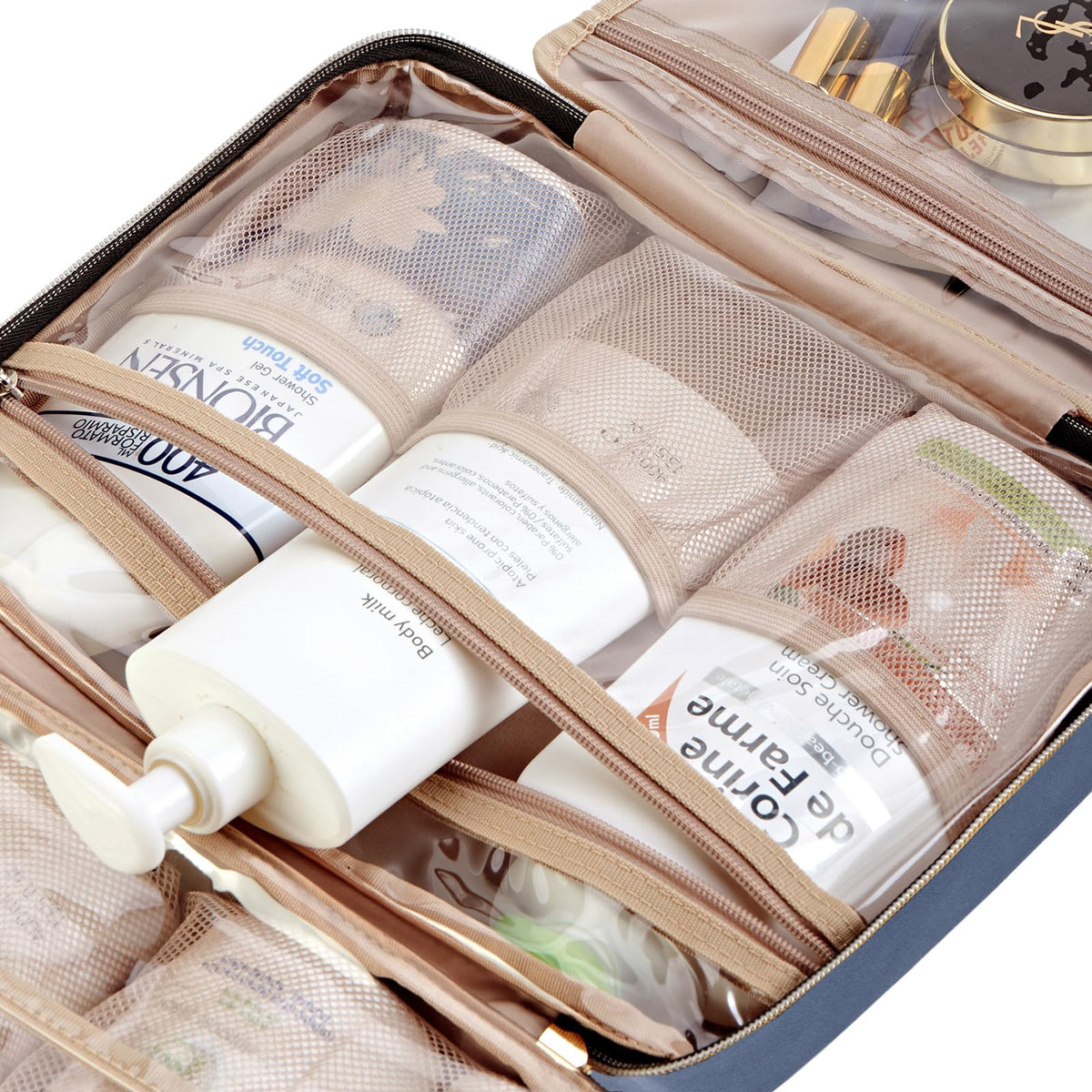 NISHEL Travel Toiletry Bag for women, Portable Hanging Organizer for Travel-Sized Shampoo, Conditioner, Brushes Set, makeup Accessories, Medium Size, Pink