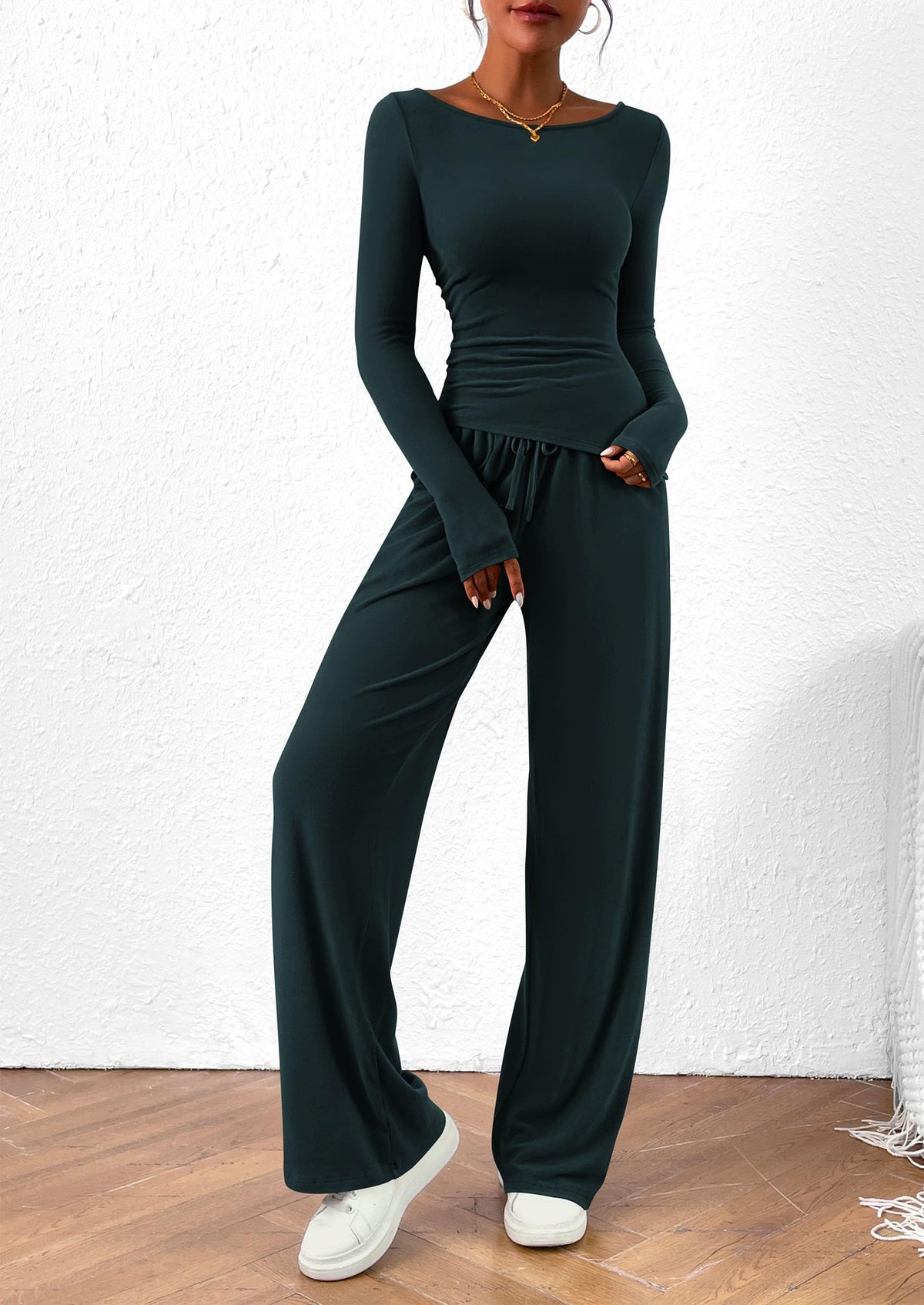 PRETTYGARDEN Women's 2 Piece Lounge Sets Asymmetrical Long Sleeve T Shirt Wide Leg Pants Casual Outfits Tracksuit