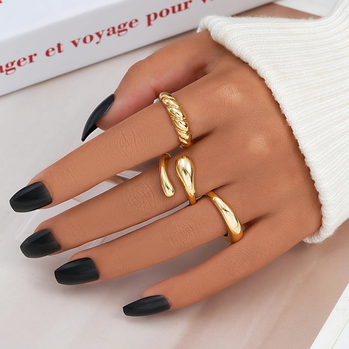 FAXHION 12PCS Gold Stackable Rings Set for Women, 18K Gold Plated Open Stacking Knuckle Ring, Adjustable Chunky Signet Rings for Gift