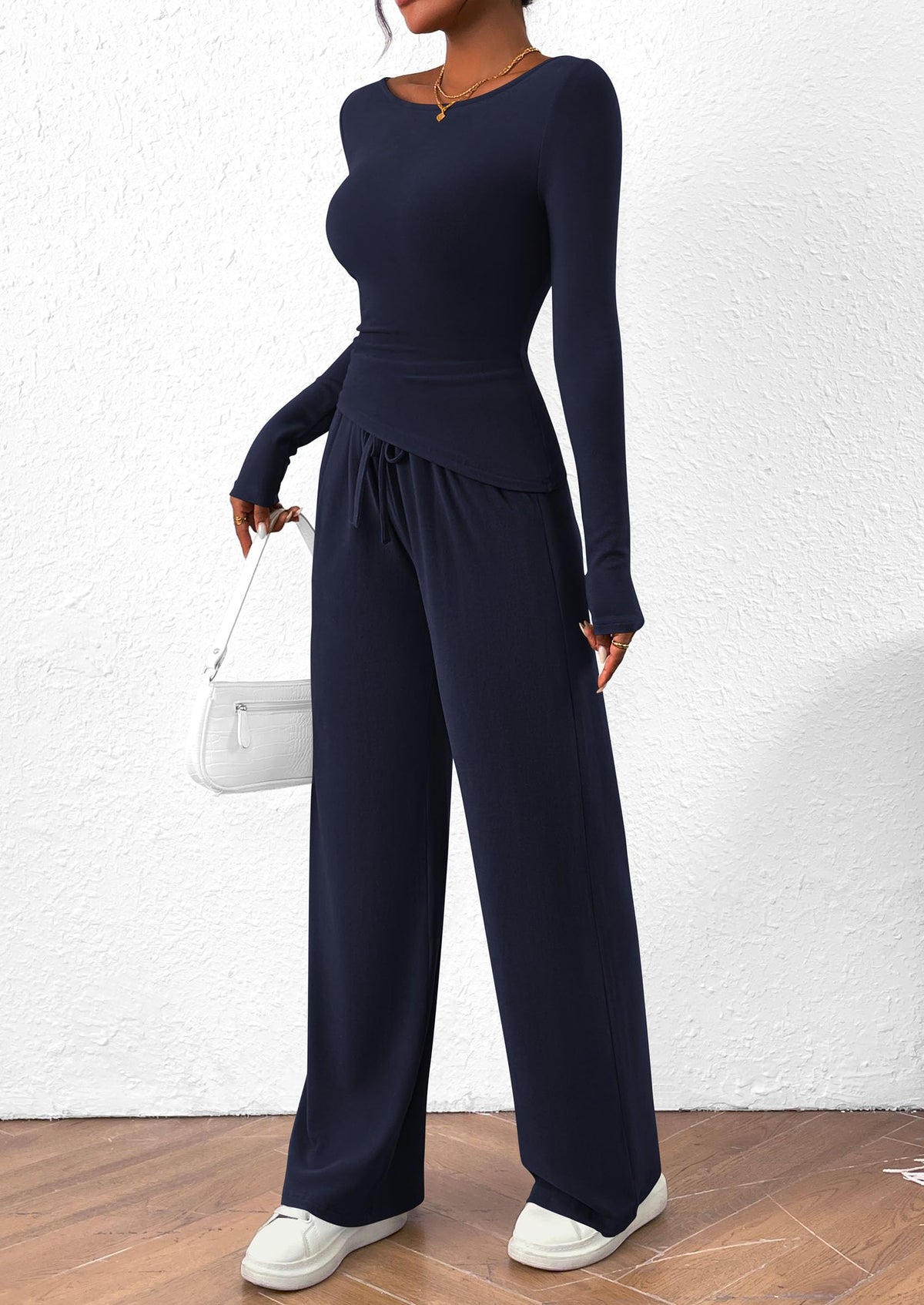 PRETTYGARDEN Women's 2 Piece Lounge Sets Asymmetrical Long Sleeve T Shirt Wide Leg Pants Casual Outfits Tracksuit