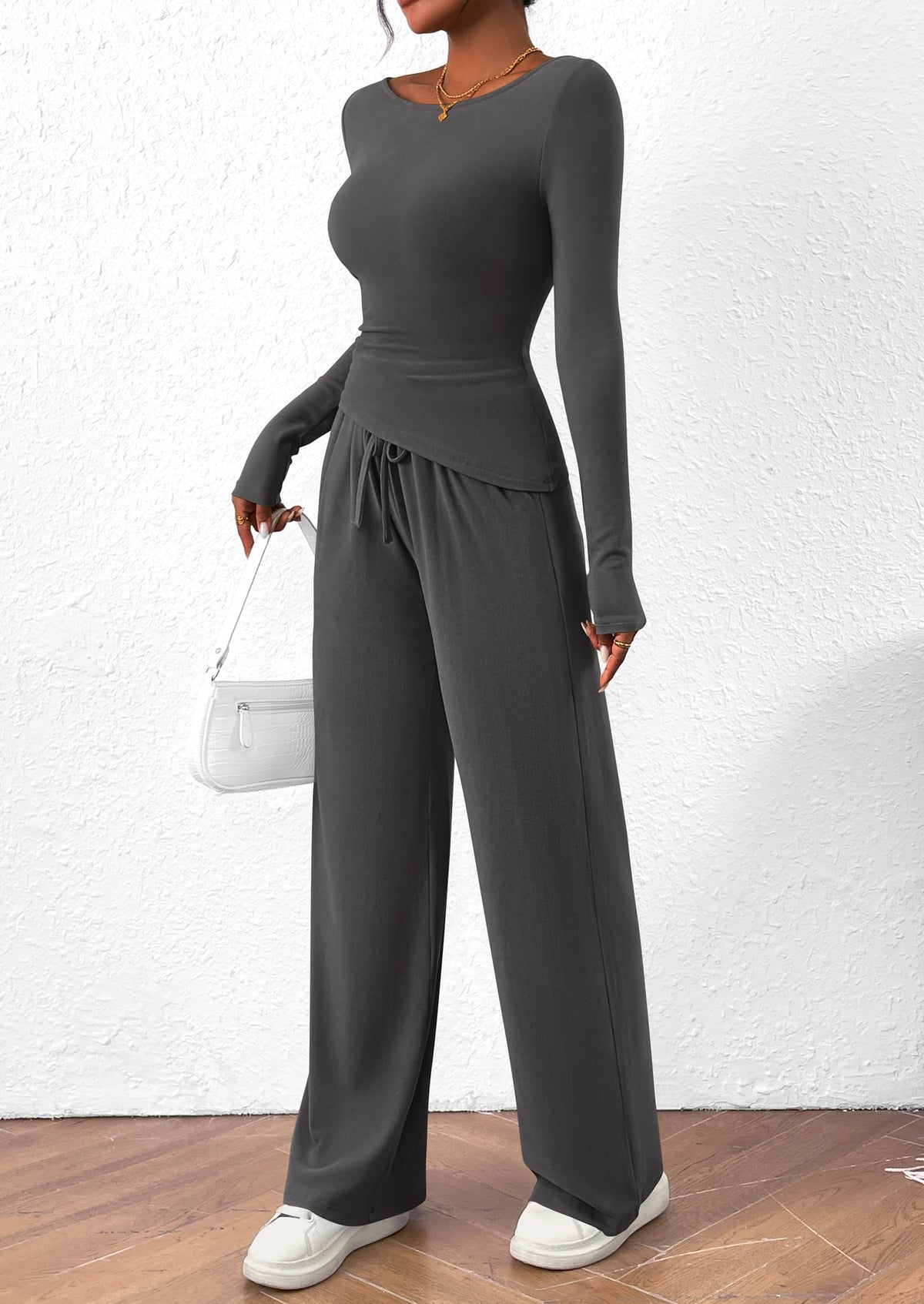 PRETTYGARDEN Women's 2 Piece Lounge Sets Asymmetrical Long Sleeve T Shirt Wide Leg Pants Casual Outfits Tracksuit