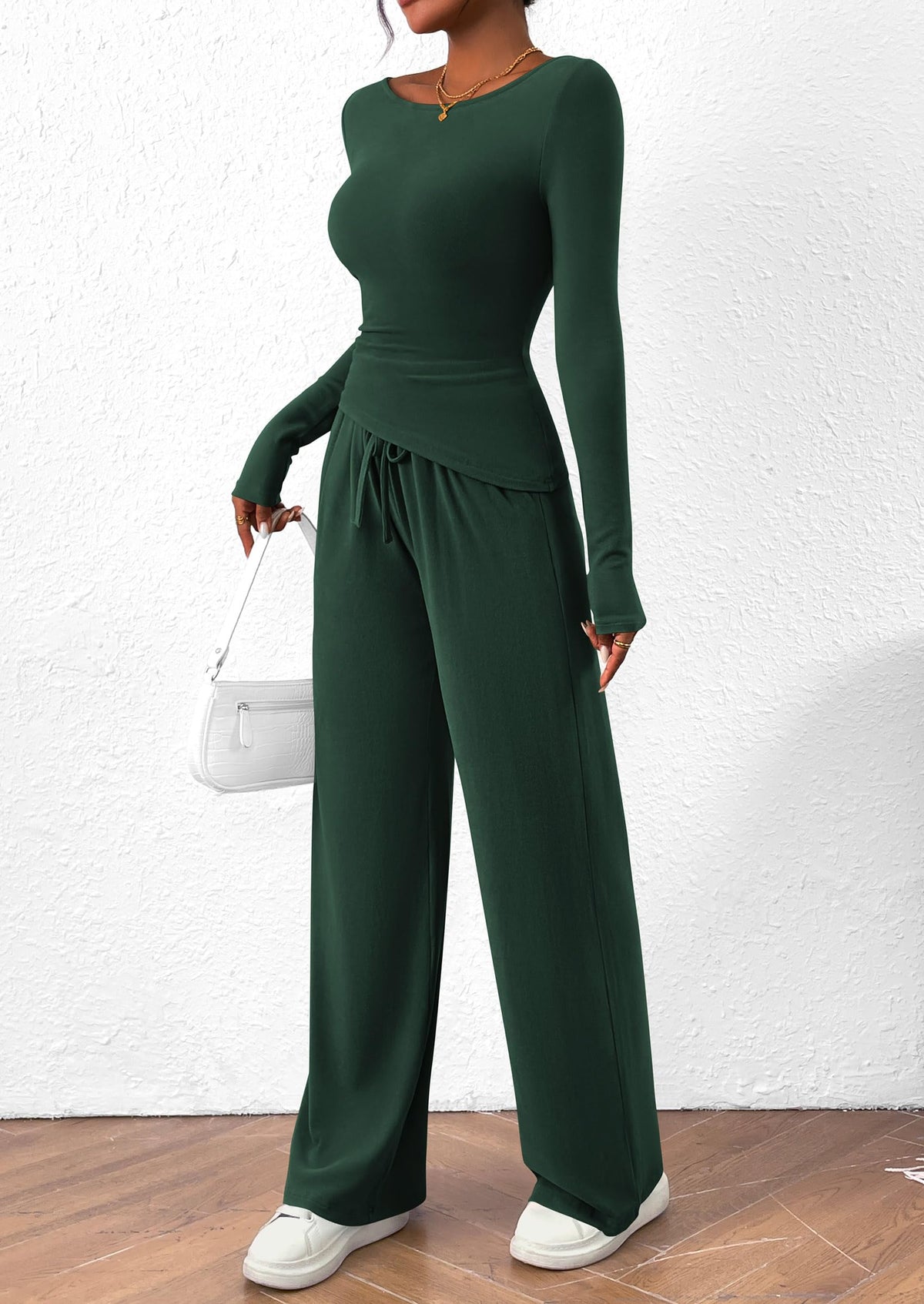 PRETTYGARDEN Women's 2 Piece Lounge Sets Asymmetrical Long Sleeve T Shirt Wide Leg Pants Casual Outfits Tracksuit