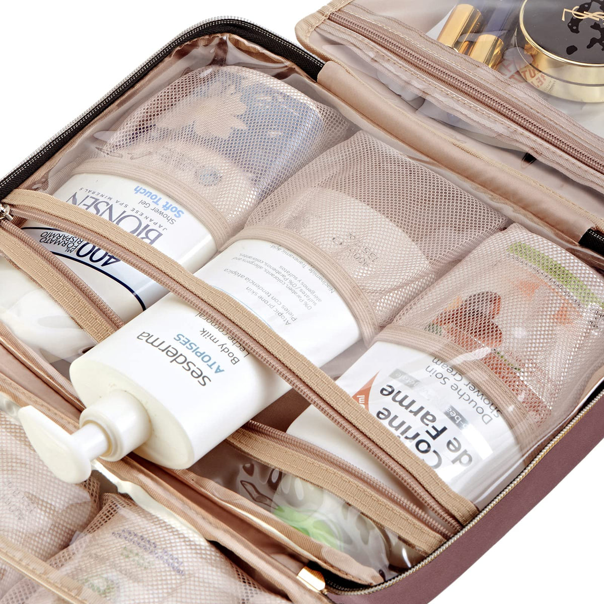 NISHEL Travel Toiletry Bag for women, Portable Hanging Organizer for Travel-Sized Shampoo, Conditioner, Brushes Set, makeup Accessories, Medium Size, Pink