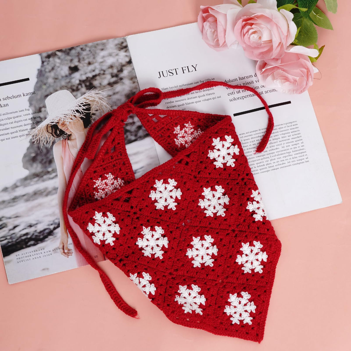 hoyuwak Pink Crochet Head Scarf Bandanas Headbands Hair Scarf for Women Girls Knitted Strawberry Head Coverings Hair Accessories for Hair Styling Decor