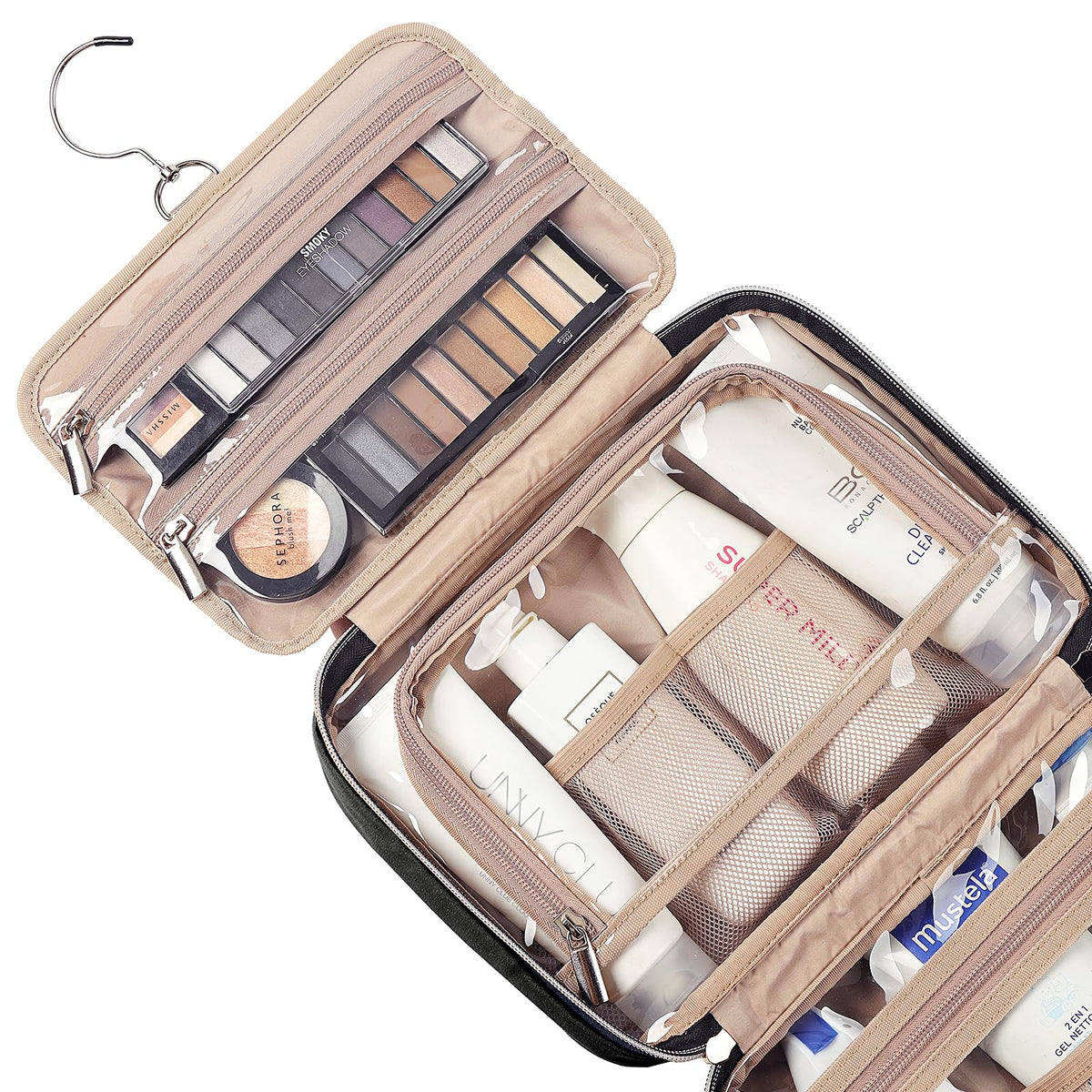 NISHEL Travel Toiletry Bag for women, Portable Hanging Organizer for Travel-Sized Shampoo, Conditioner, Brushes Set, makeup Accessories, Medium Size, Pink
