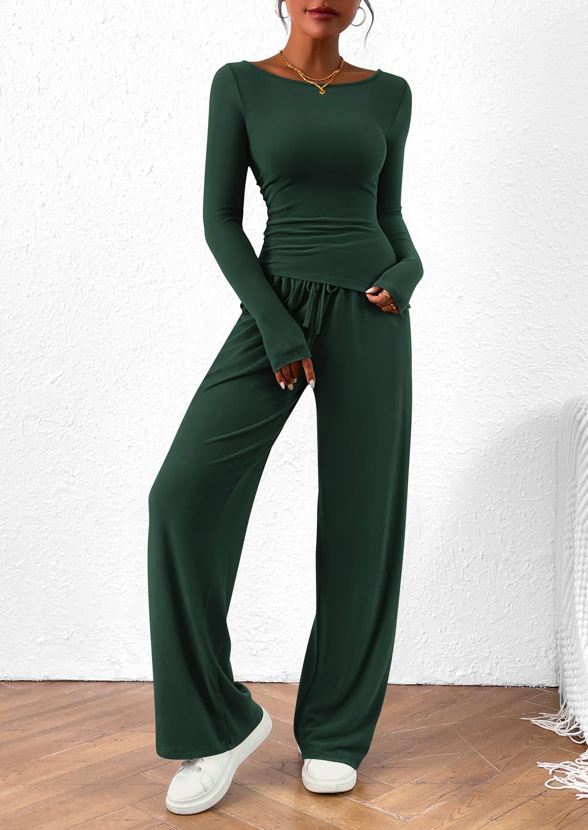 PRETTYGARDEN Women's 2 Piece Lounge Sets Asymmetrical Long Sleeve T Shirt Wide Leg Pants Casual Outfits Tracksuit