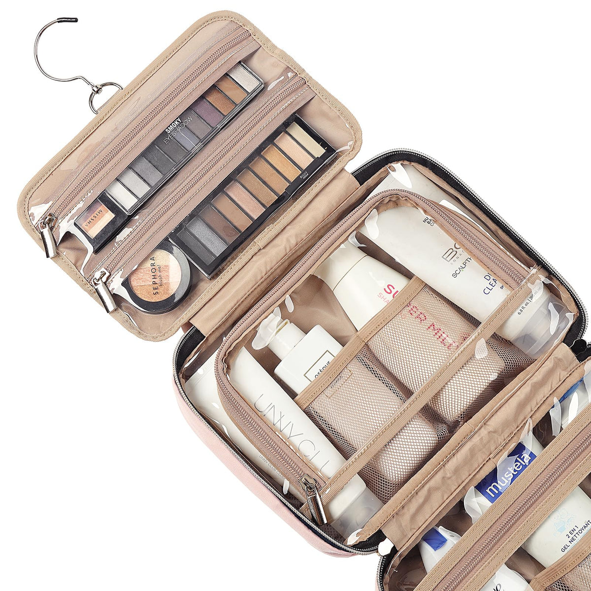 NISHEL Travel Toiletry Bag for women, Portable Hanging Organizer for Travel-Sized Shampoo, Conditioner, Brushes Set, makeup Accessories, Medium Size, Pink