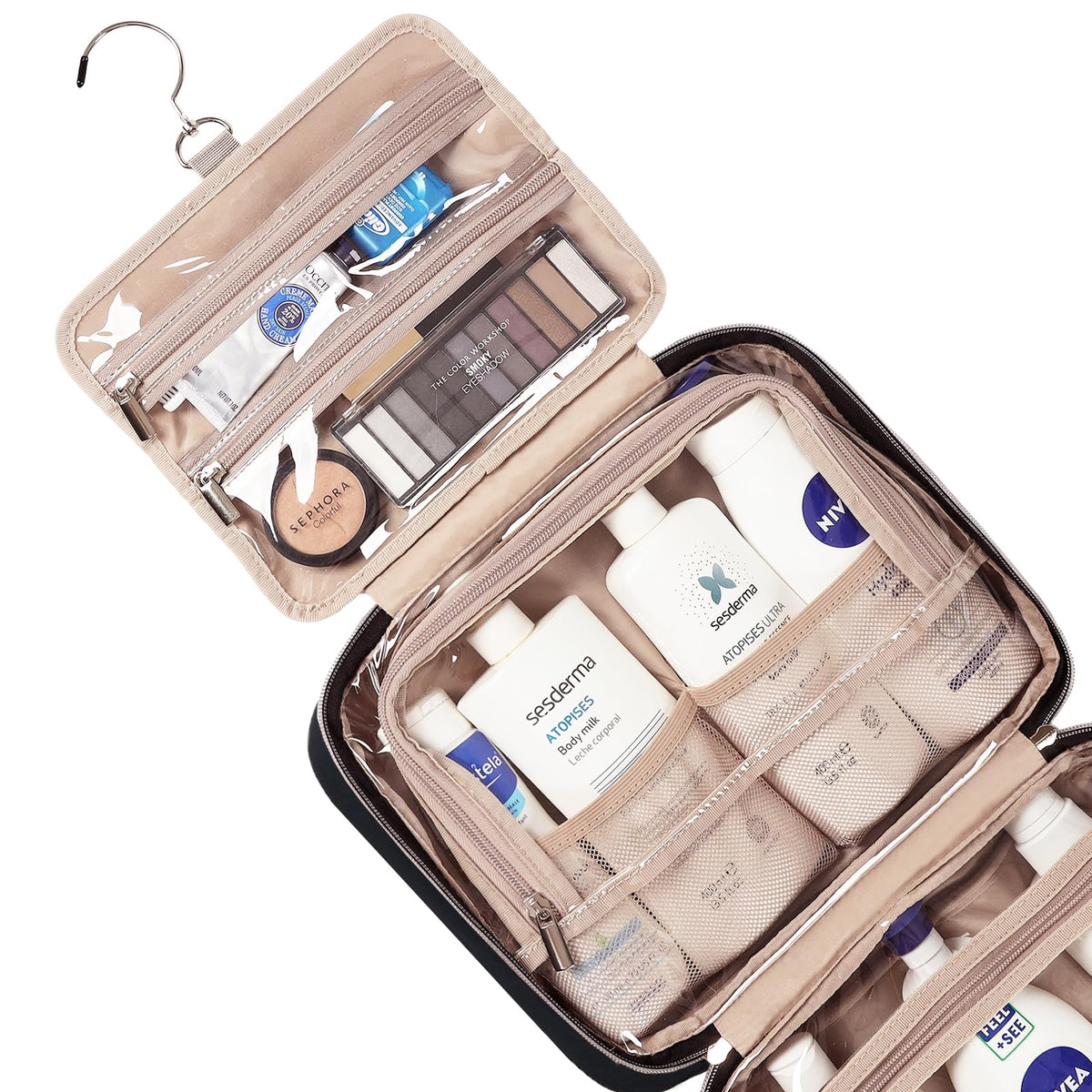 NISHEL Travel Toiletry Bag for women, Portable Hanging Organizer for Travel-Sized Shampoo, Conditioner, Brushes Set, makeup Accessories, Medium Size, Pink