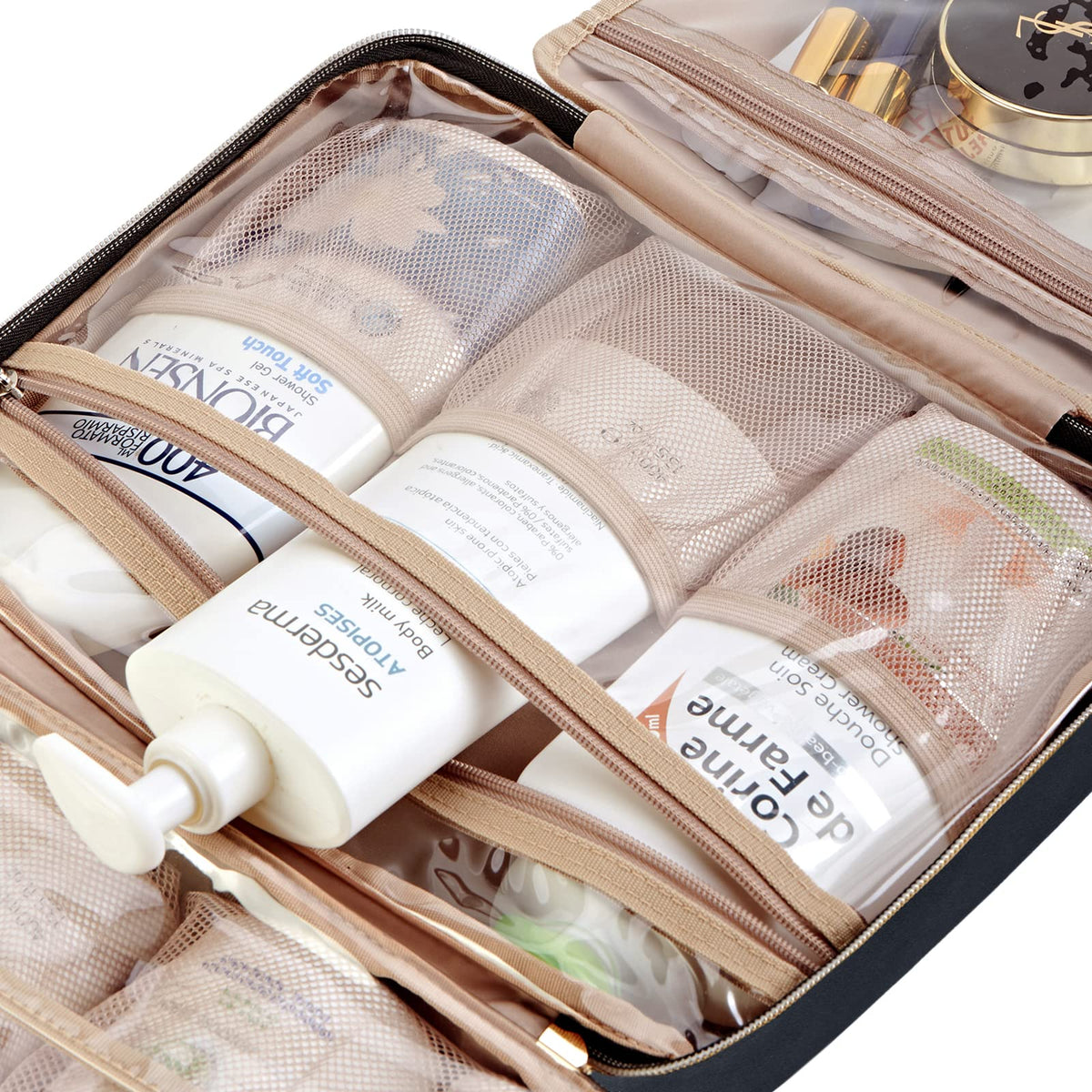 NISHEL Travel Toiletry Bag for women, Portable Hanging Organizer for Travel-Sized Shampoo, Conditioner, Brushes Set, makeup Accessories, Medium Size, Pink