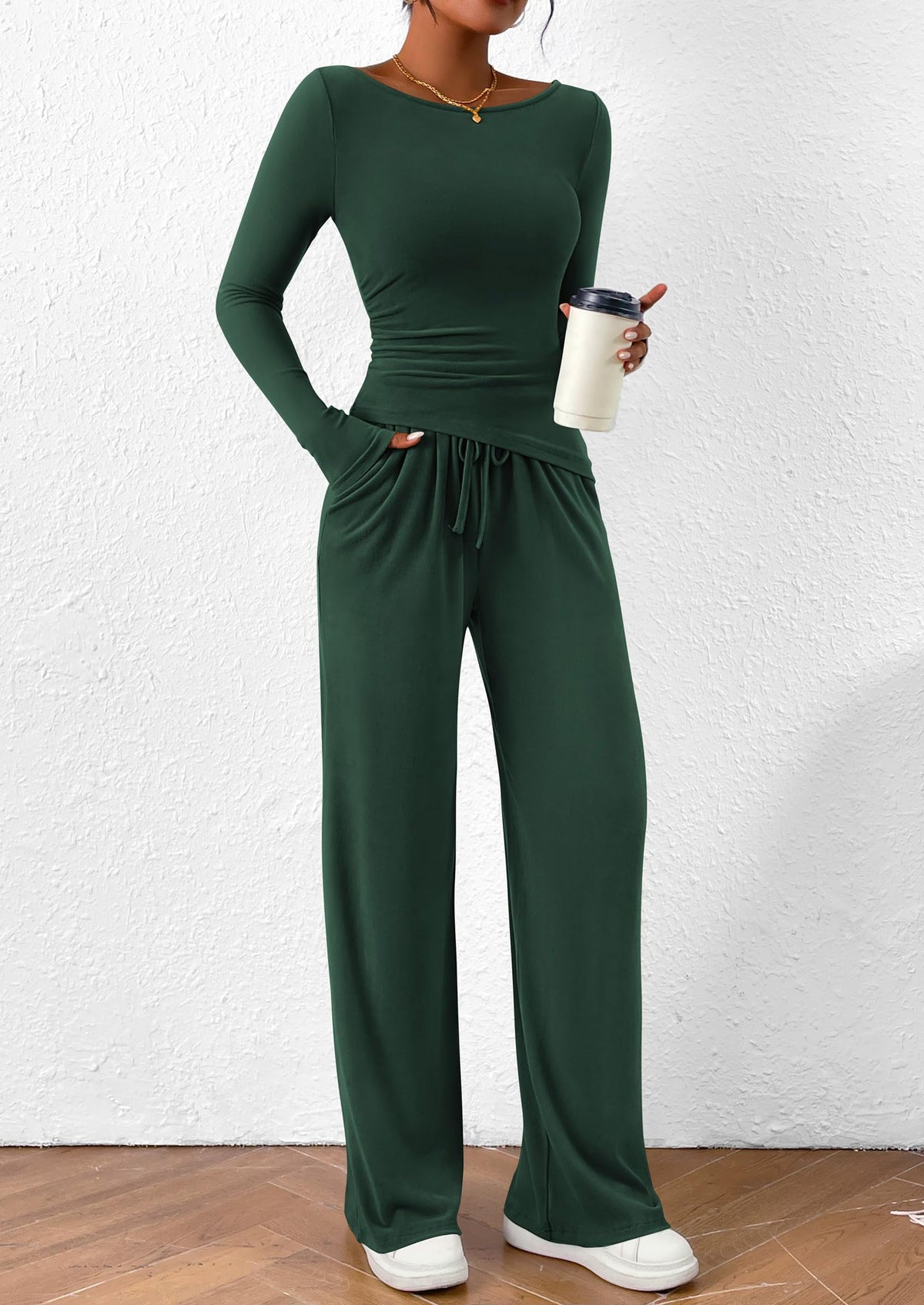 PRETTYGARDEN Women's 2 Piece Lounge Sets Asymmetrical Long Sleeve T Shirt Wide Leg Pants Casual Outfits Tracksuit