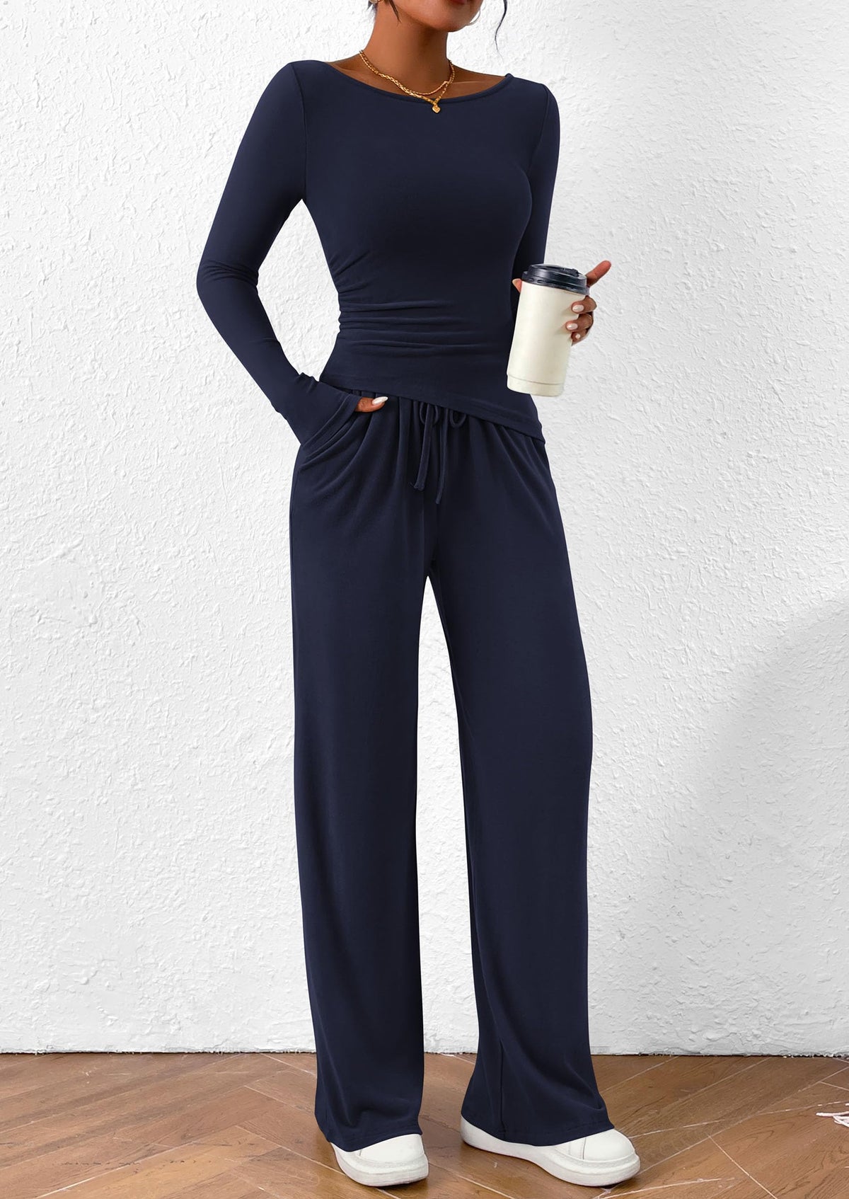 PRETTYGARDEN Women's 2 Piece Lounge Sets Asymmetrical Long Sleeve T Shirt Wide Leg Pants Casual Outfits Tracksuit