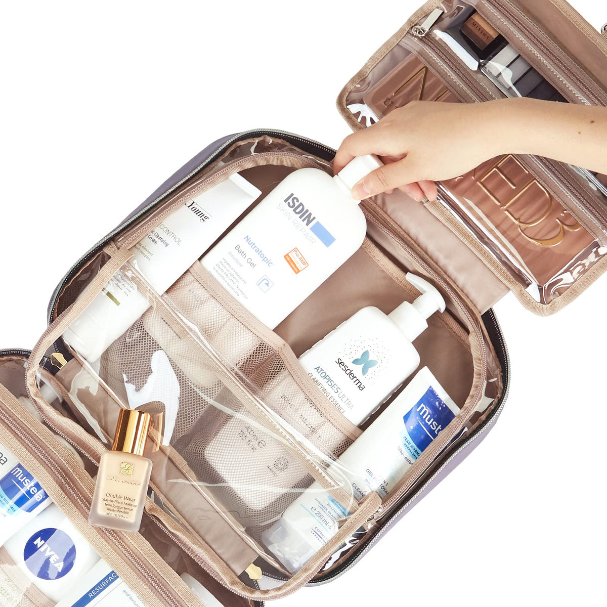 NISHEL Travel Toiletry Bag for women, Portable Hanging Organizer for Travel-Sized Shampoo, Conditioner, Brushes Set, makeup Accessories, Medium Size, Pink