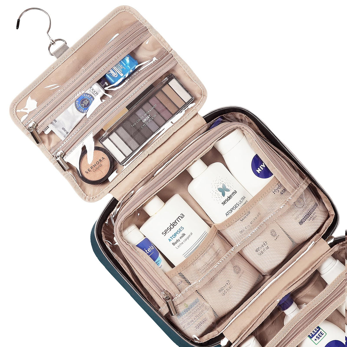 NISHEL Travel Toiletry Bag for women, Portable Hanging Organizer for Travel-Sized Shampoo, Conditioner, Brushes Set, makeup Accessories, Medium Size, Pink