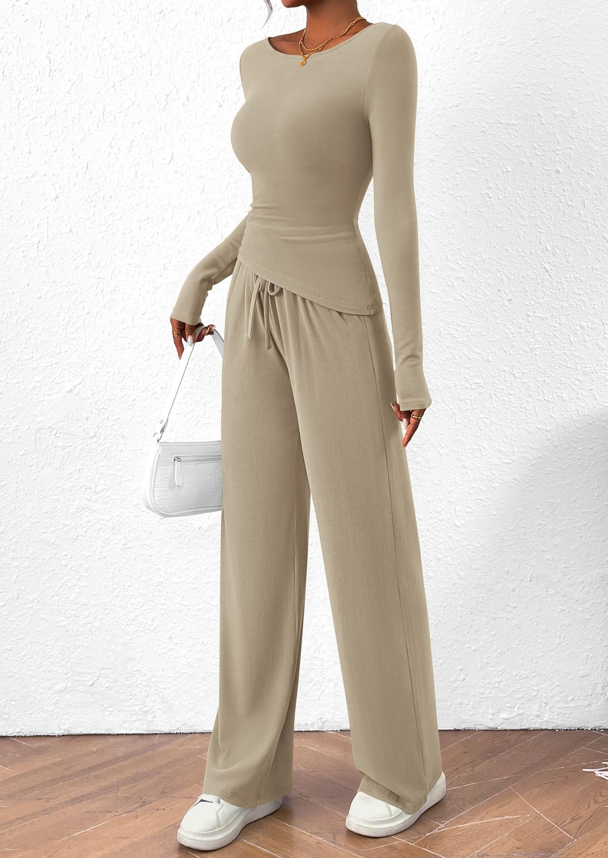 PRETTYGARDEN Women's 2 Piece Lounge Sets Asymmetrical Long Sleeve T Shirt Wide Leg Pants Casual Outfits Tracksuit
