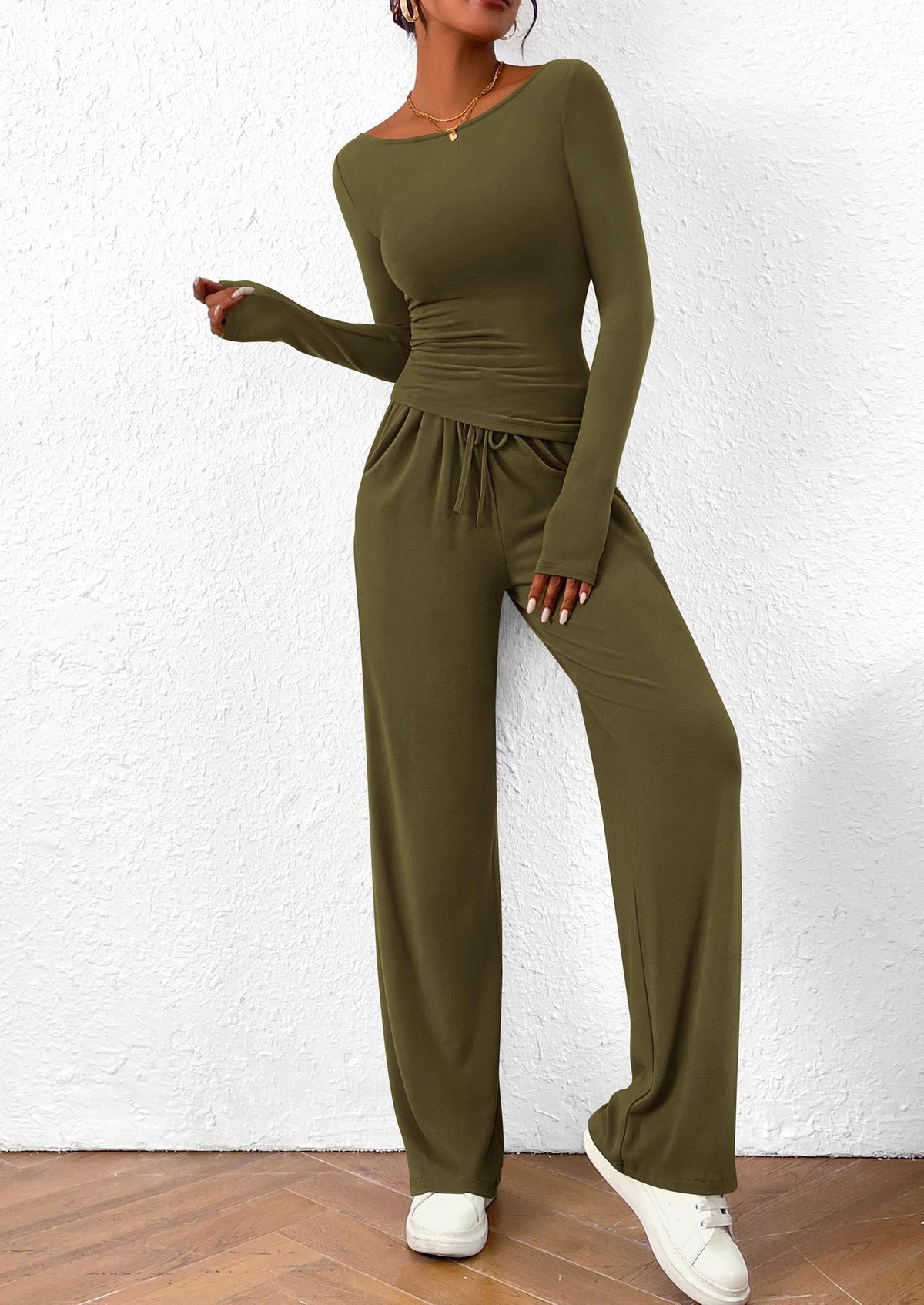 PRETTYGARDEN Women's 2 Piece Lounge Sets Asymmetrical Long Sleeve T Shirt Wide Leg Pants Casual Outfits Tracksuit