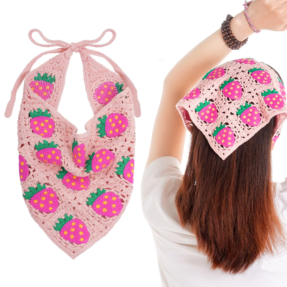 hoyuwak Pink Crochet Head Scarf Bandanas Headbands Hair Scarf for Women Girls Knitted Strawberry Head Coverings Hair Accessories for Hair Styling Decor