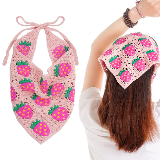 hoyuwak Pink Crochet Head Scarf Bandanas Headbands Hair Scarf for Women Girls Knitted Strawberry Head Coverings Hair Accessories for Hair Styling Decor