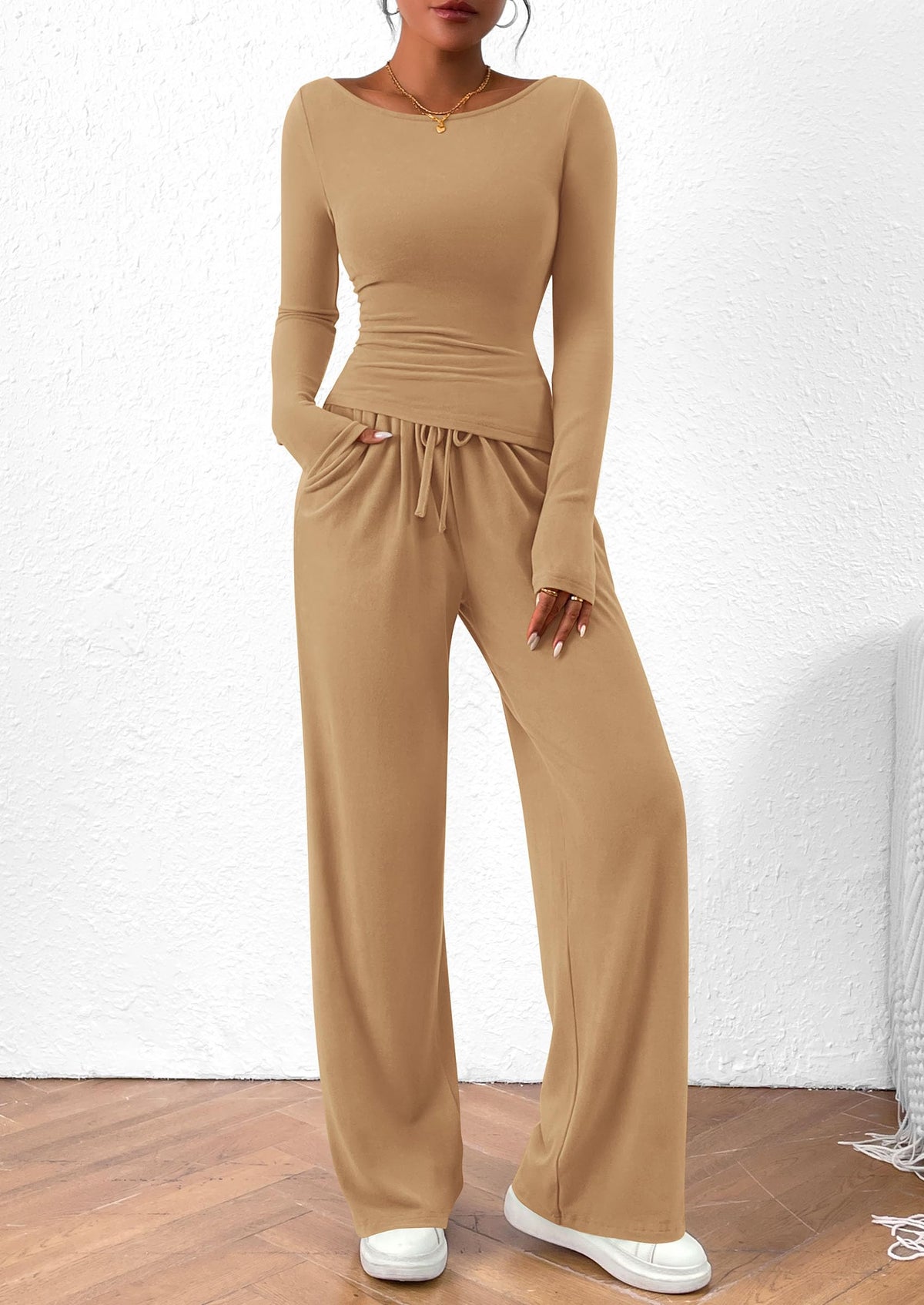 PRETTYGARDEN Women's 2 Piece Lounge Sets Asymmetrical Long Sleeve T Shirt Wide Leg Pants Casual Outfits Tracksuit