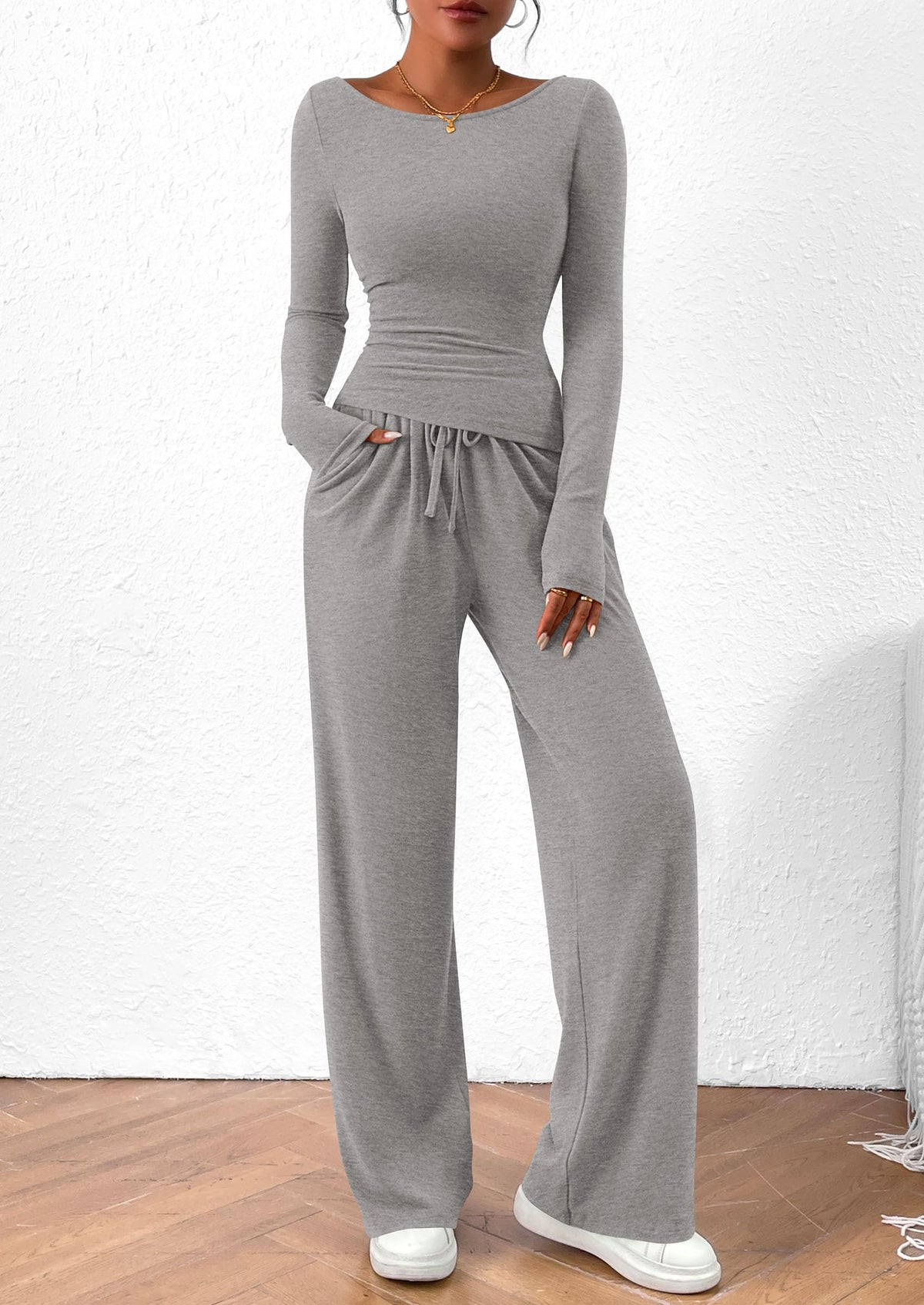PRETTYGARDEN Women's 2 Piece Lounge Sets Asymmetrical Long Sleeve T Shirt Wide Leg Pants Casual Outfits Tracksuit