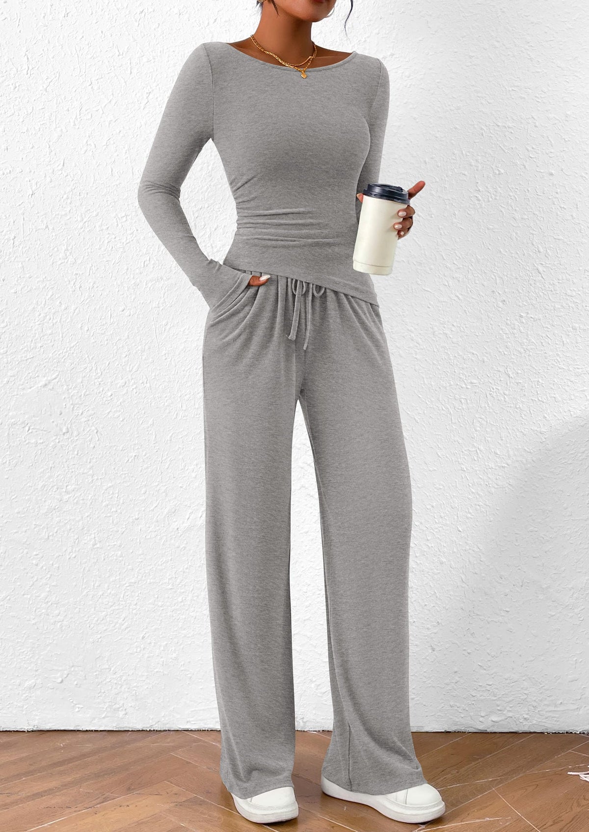 PRETTYGARDEN Women's 2 Piece Lounge Sets Asymmetrical Long Sleeve T Shirt Wide Leg Pants Casual Outfits Tracksuit