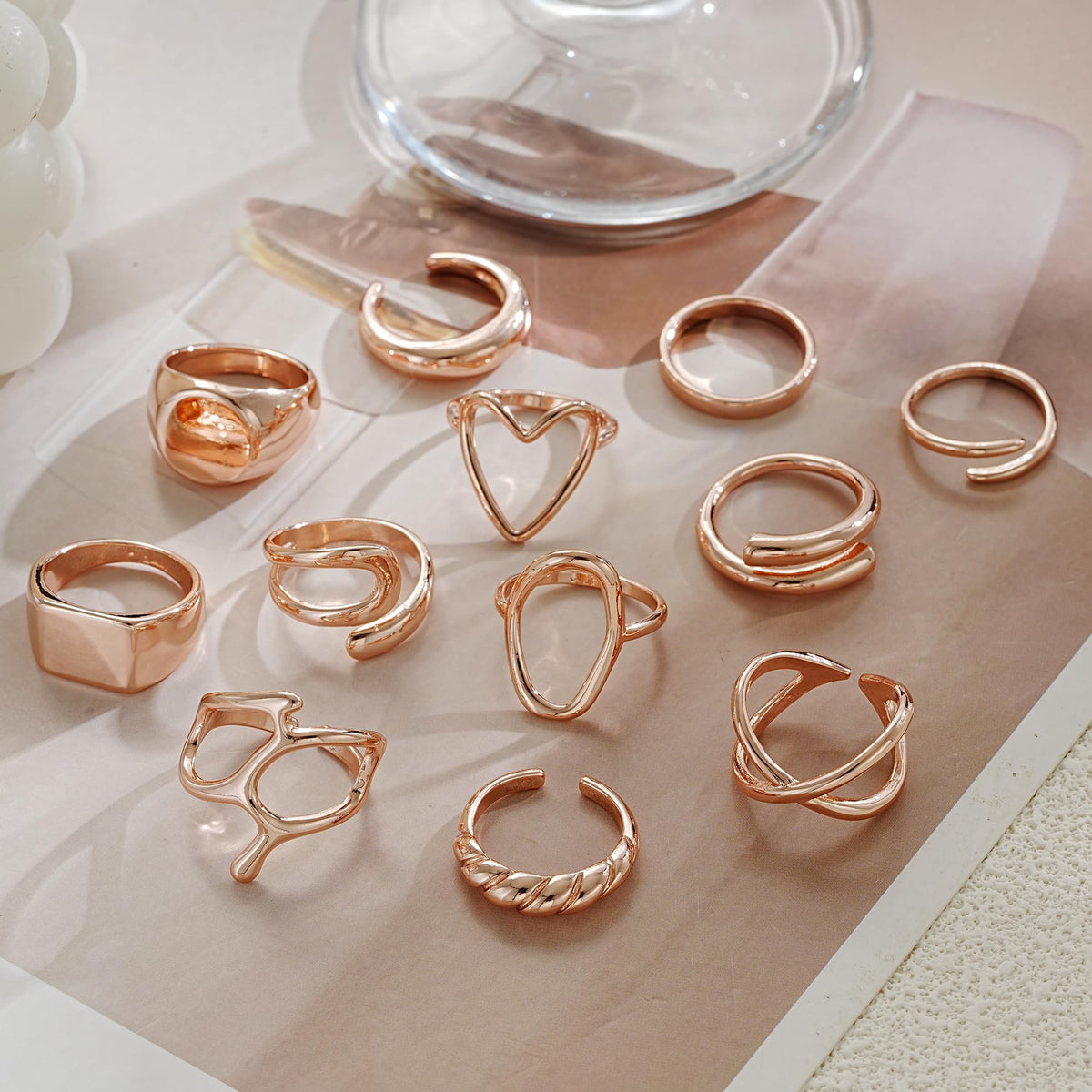 FAXHION 12PCS Gold Stackable Rings Set for Women, 18K Gold Plated Open Stacking Knuckle Ring, Adjustable Chunky Signet Rings for Gift
